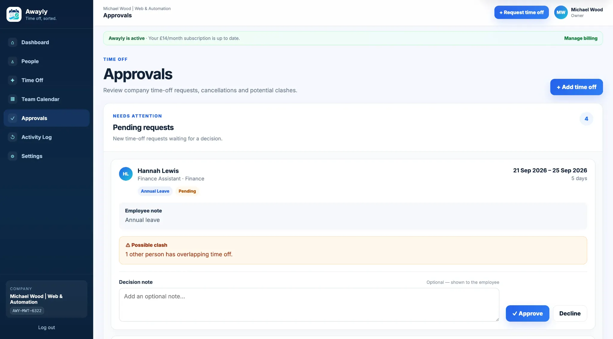 Awayly annual leave approval screen