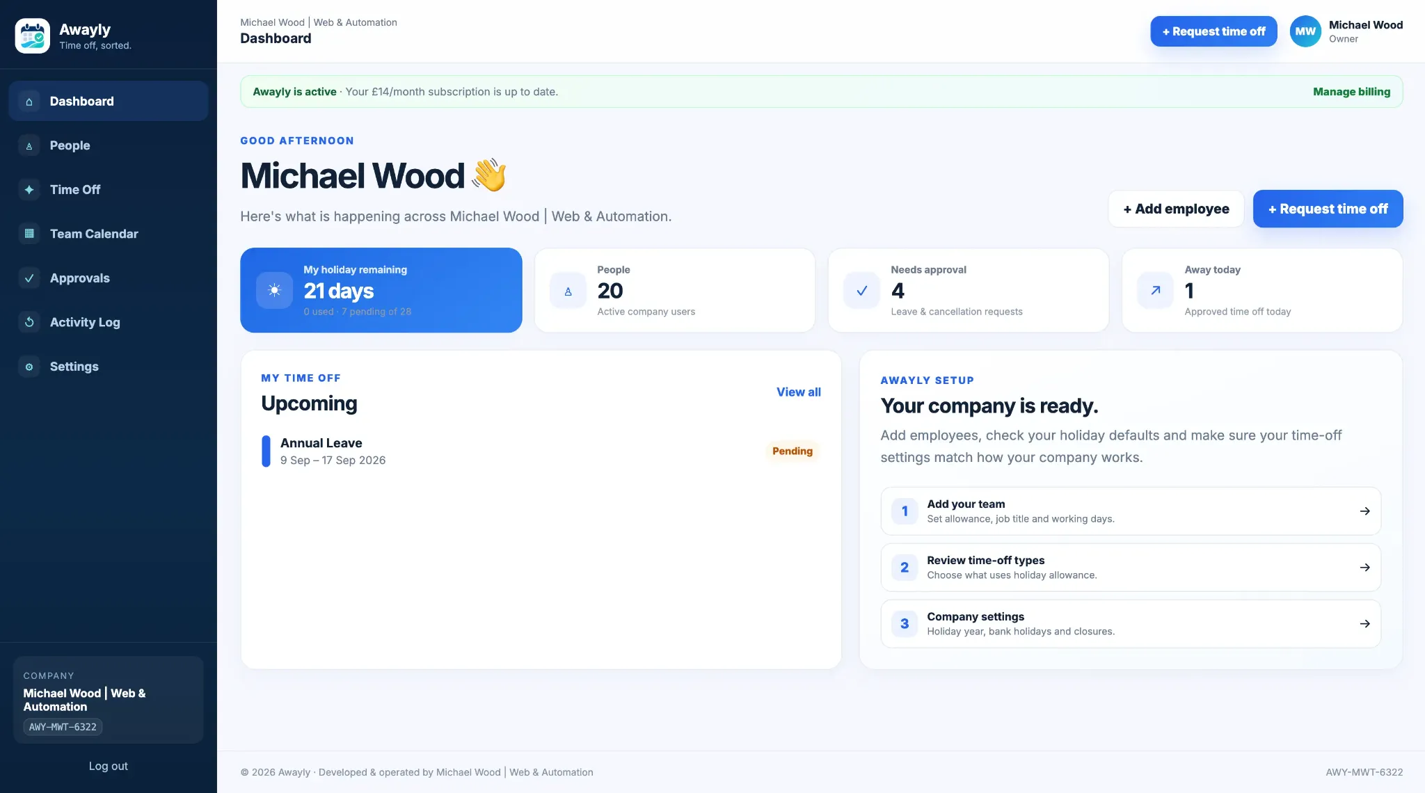Awayly employee holiday and absence dashboard