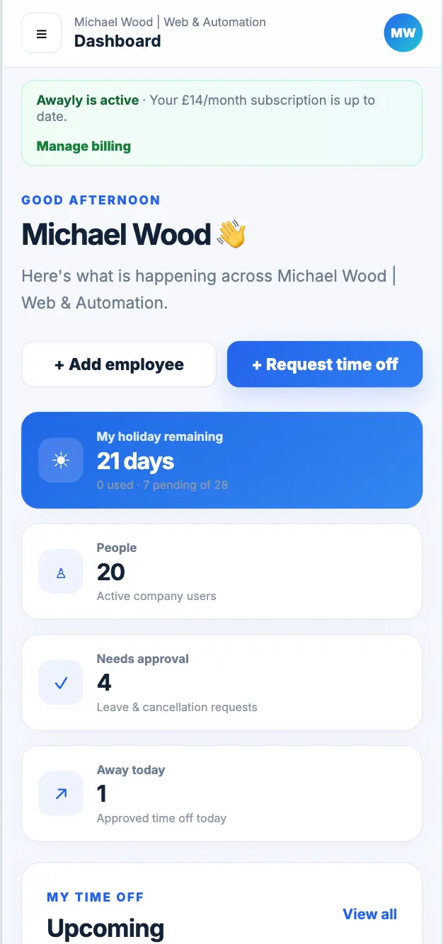 Awayly dashboard on mobile