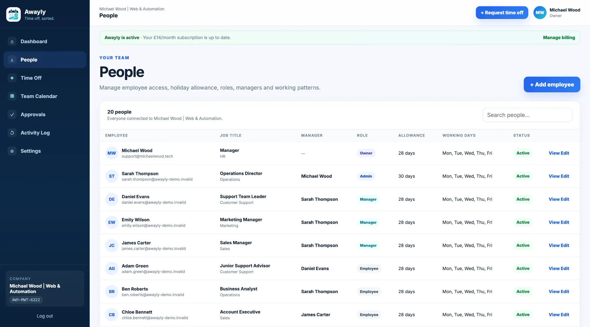 Awayly employee management screen built by Michael Wood