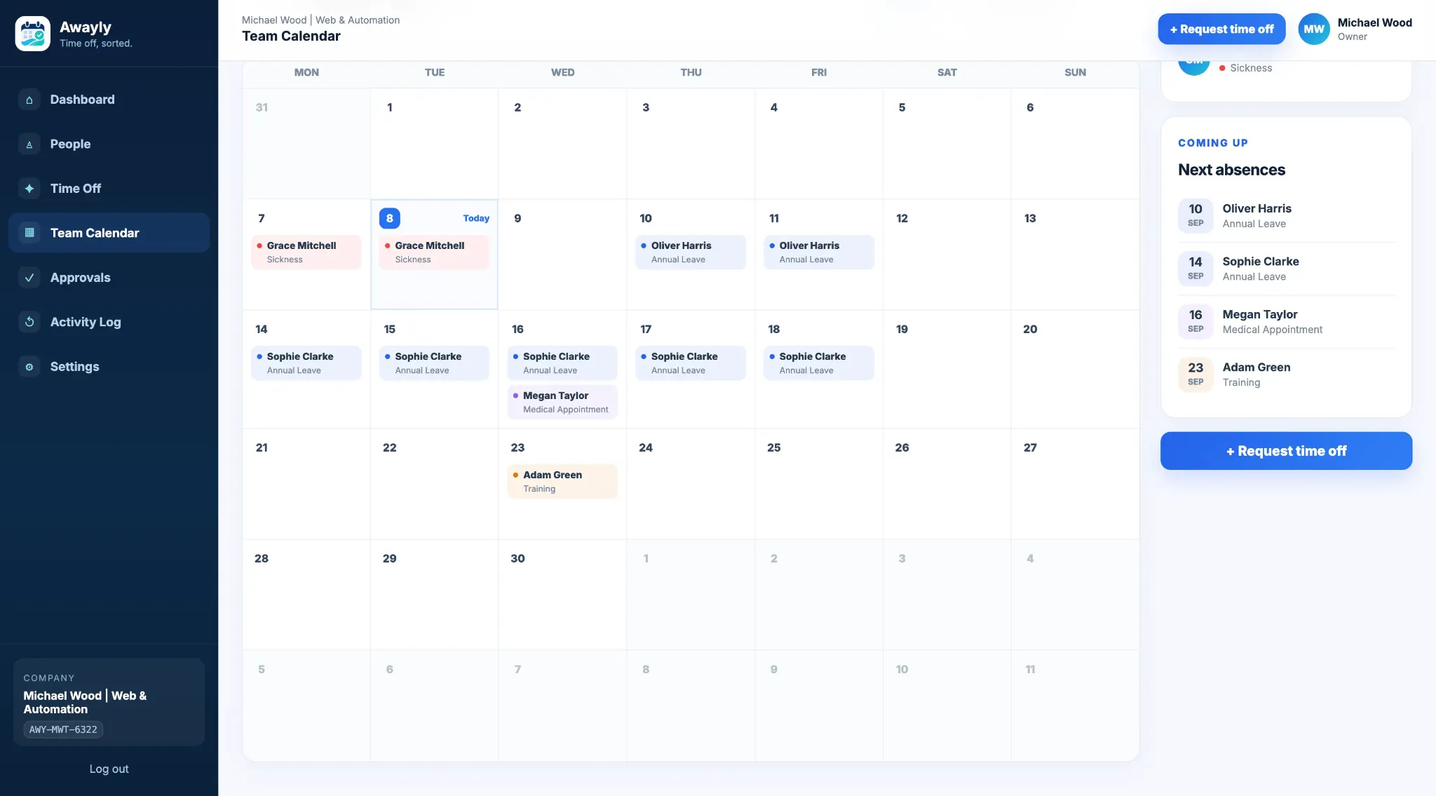 Awayly team calendar on desktop