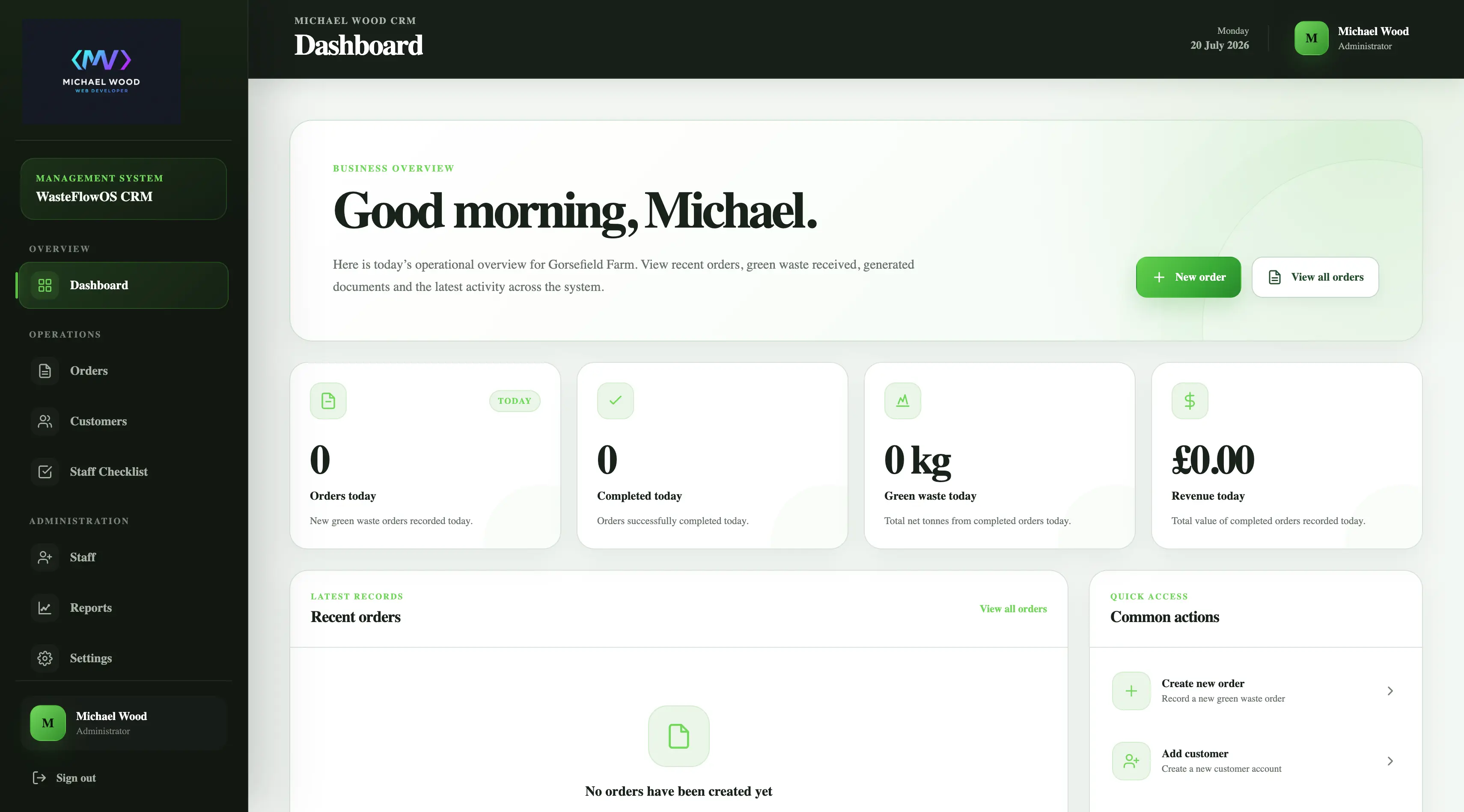 WasteFlowOS green waste management CRM dashboard