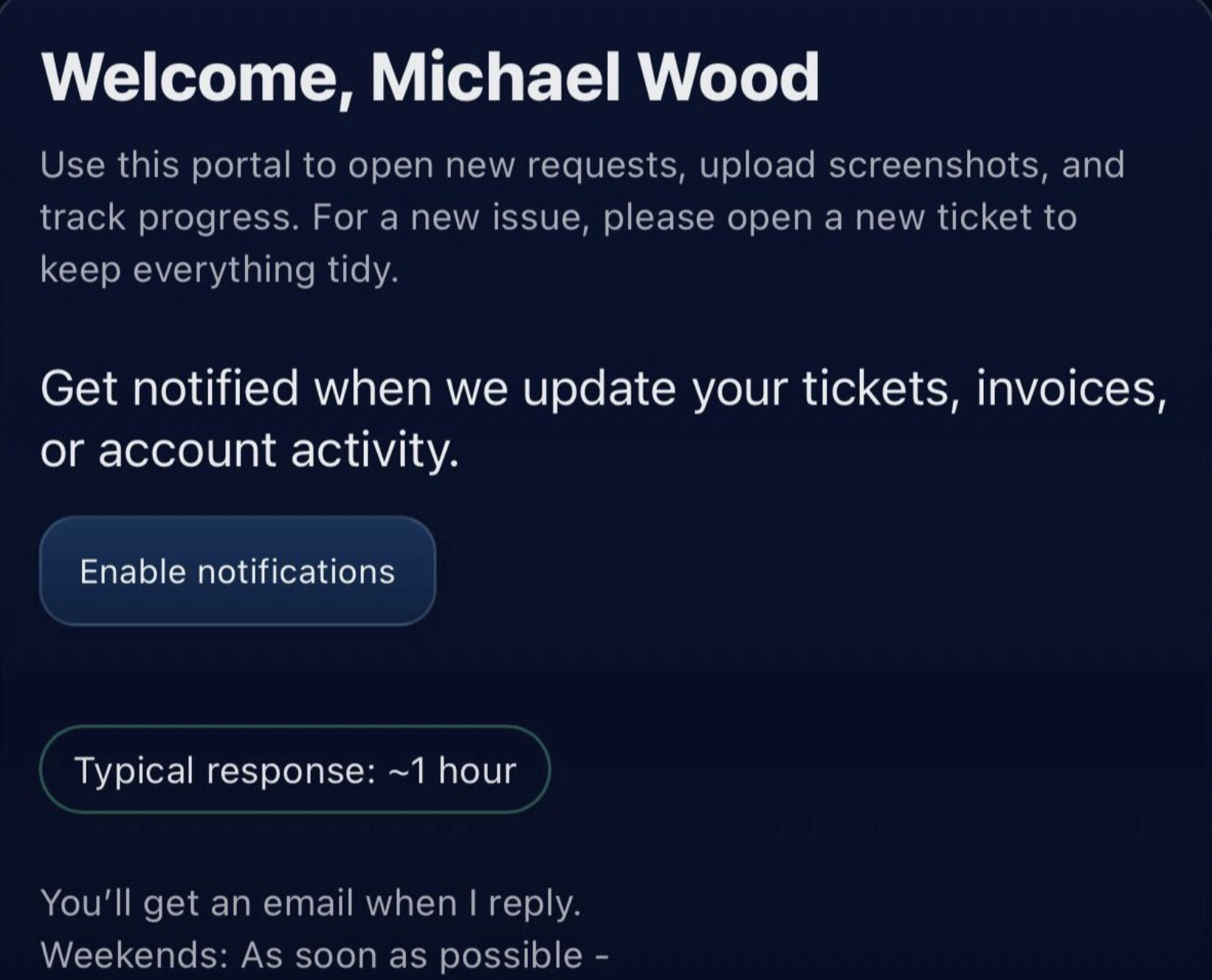 Client portal dashboard with notification prompt