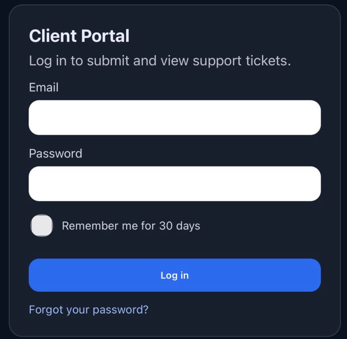 Client portal mobile login screen