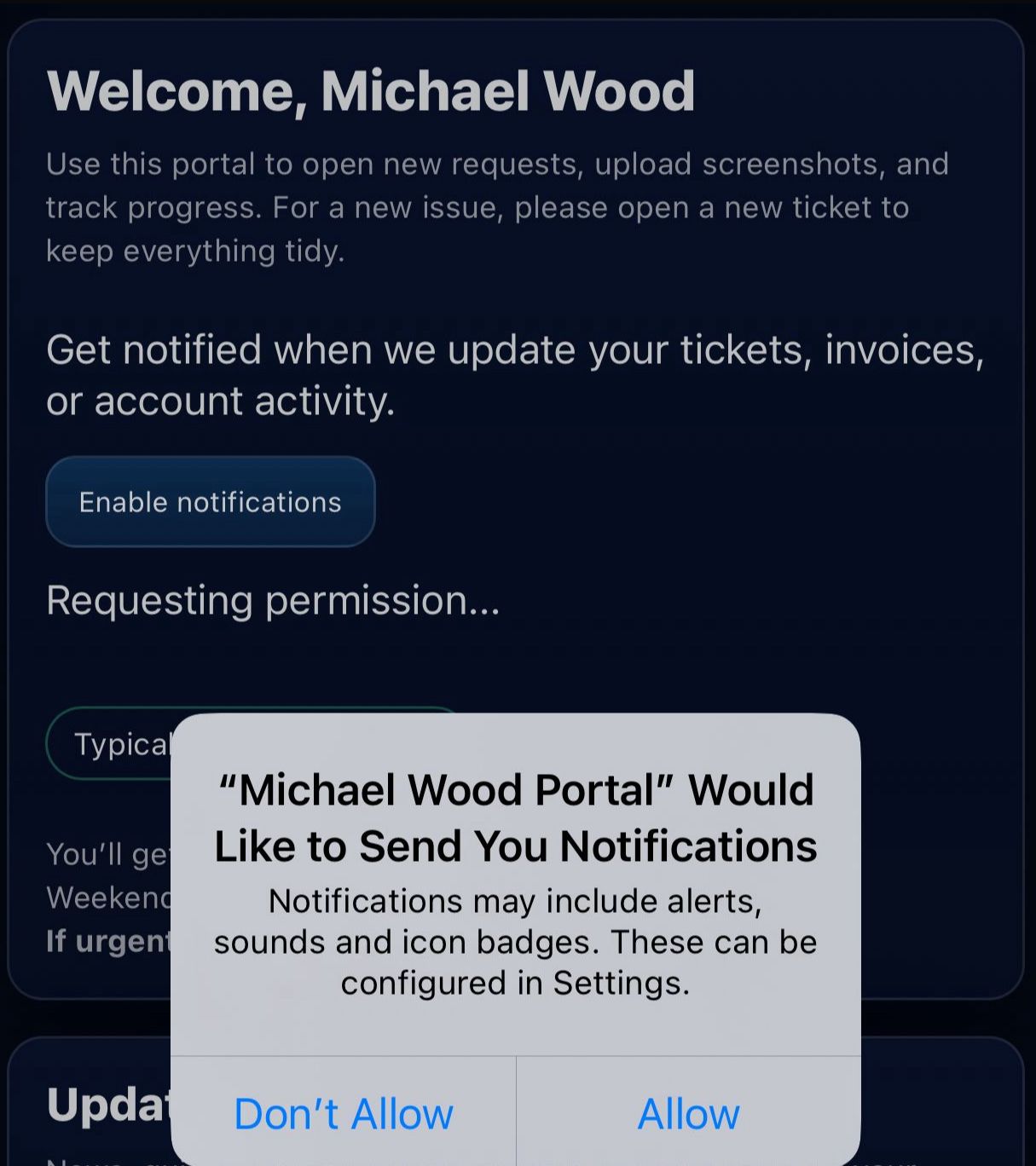 Portal notification permission prompt on iPhone