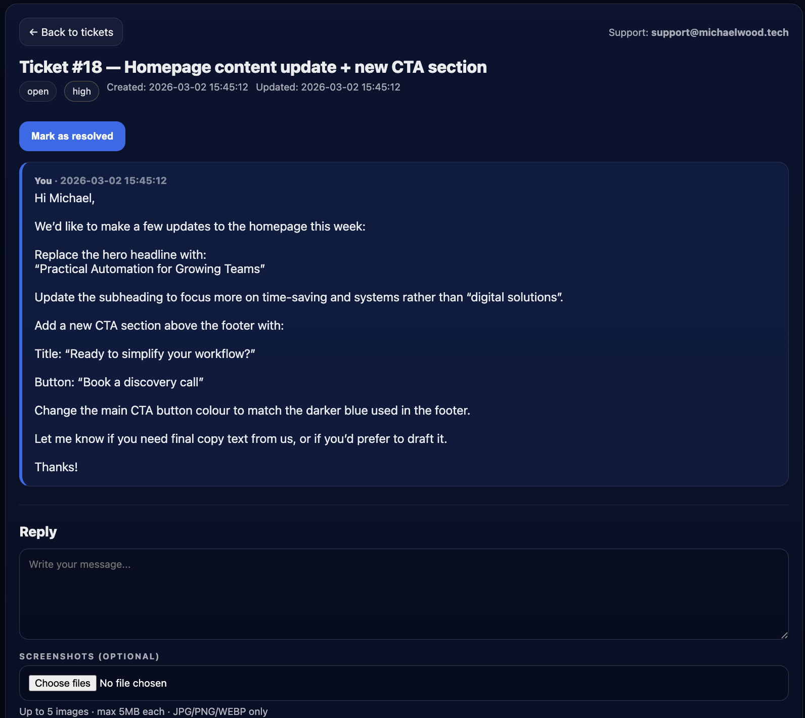 Client portal ticket detail screenshot