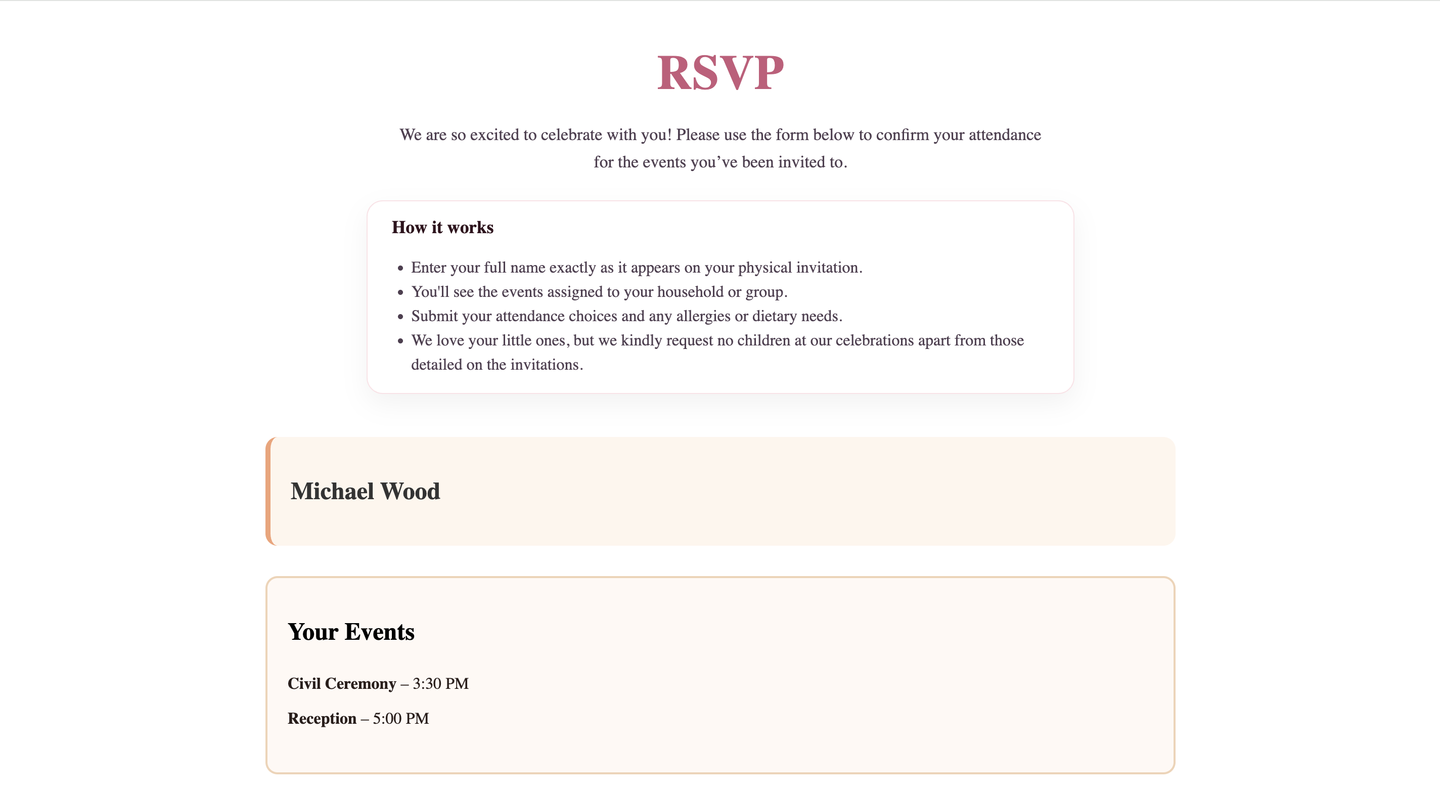 Per-guest RSVP form showing invited events only
