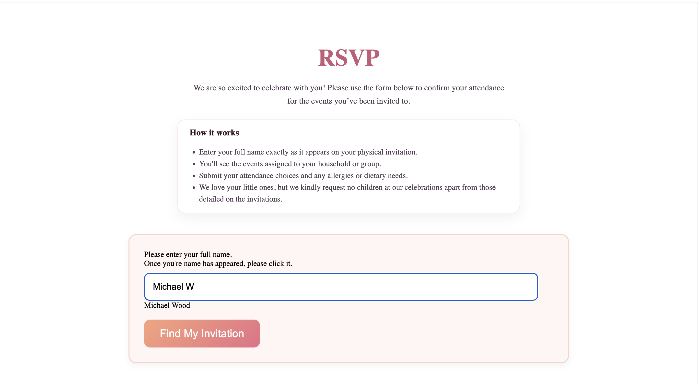 RSVP lookup with autocomplete guest name search