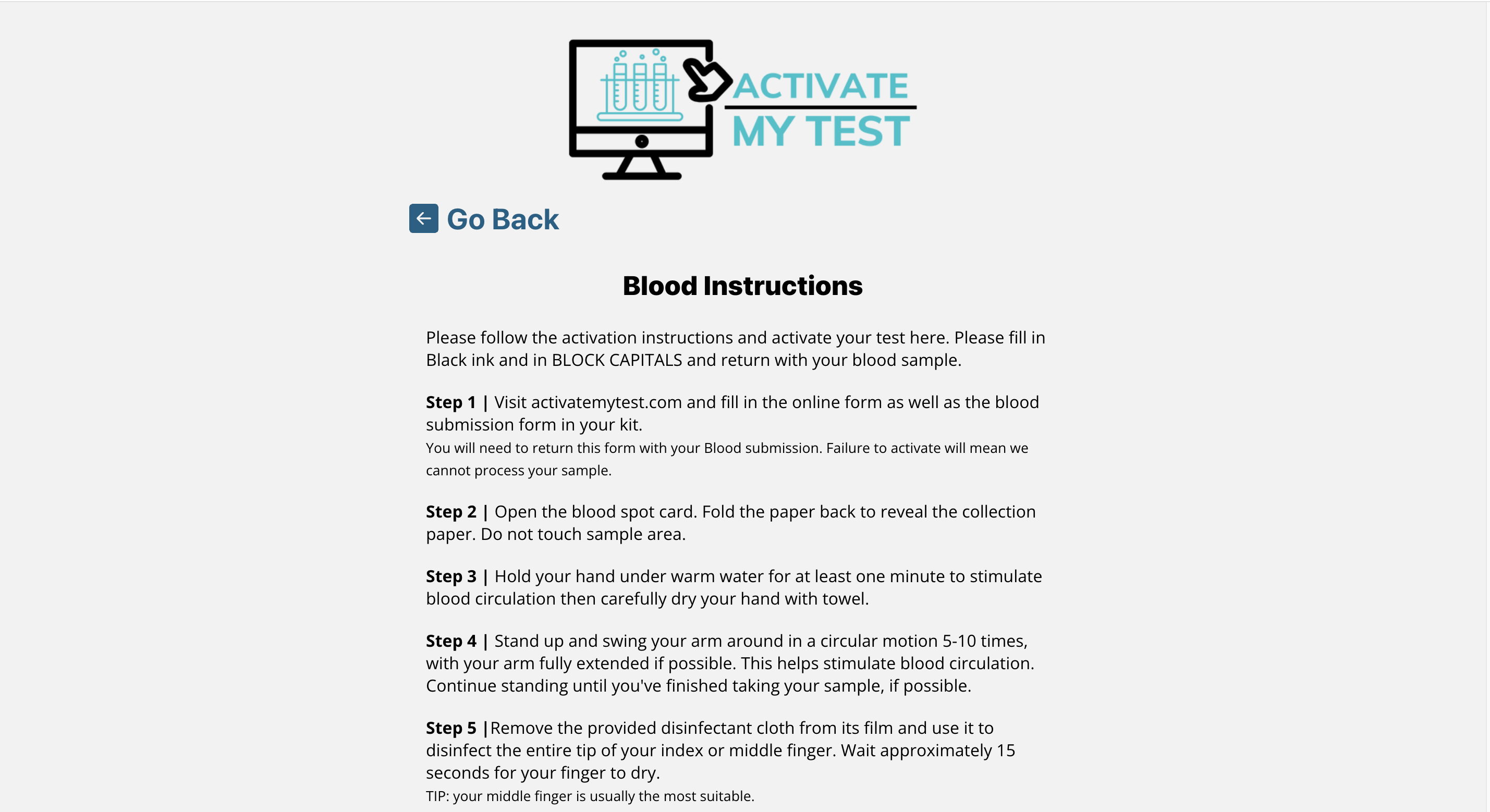 Activation instructions screen