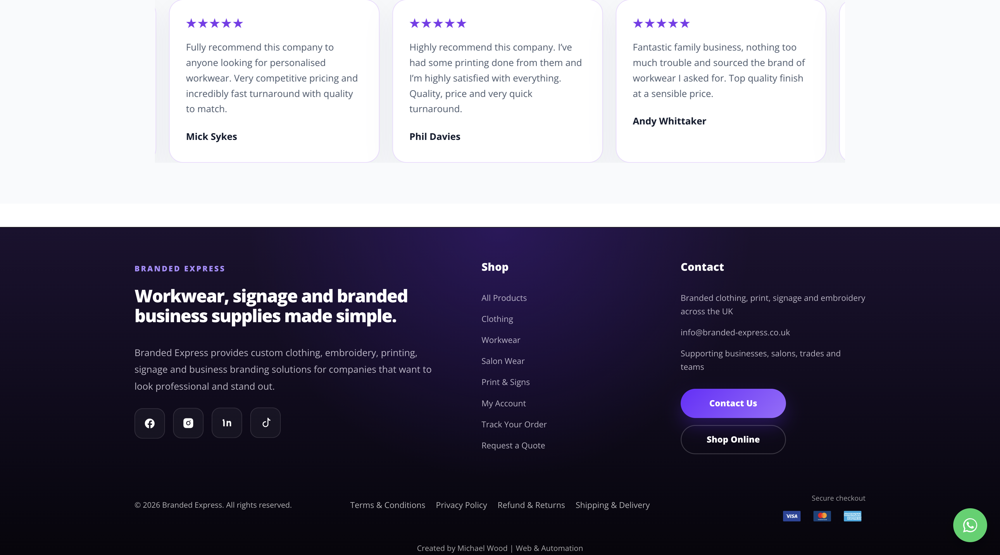 Branded Express website footer with navigation and contact details