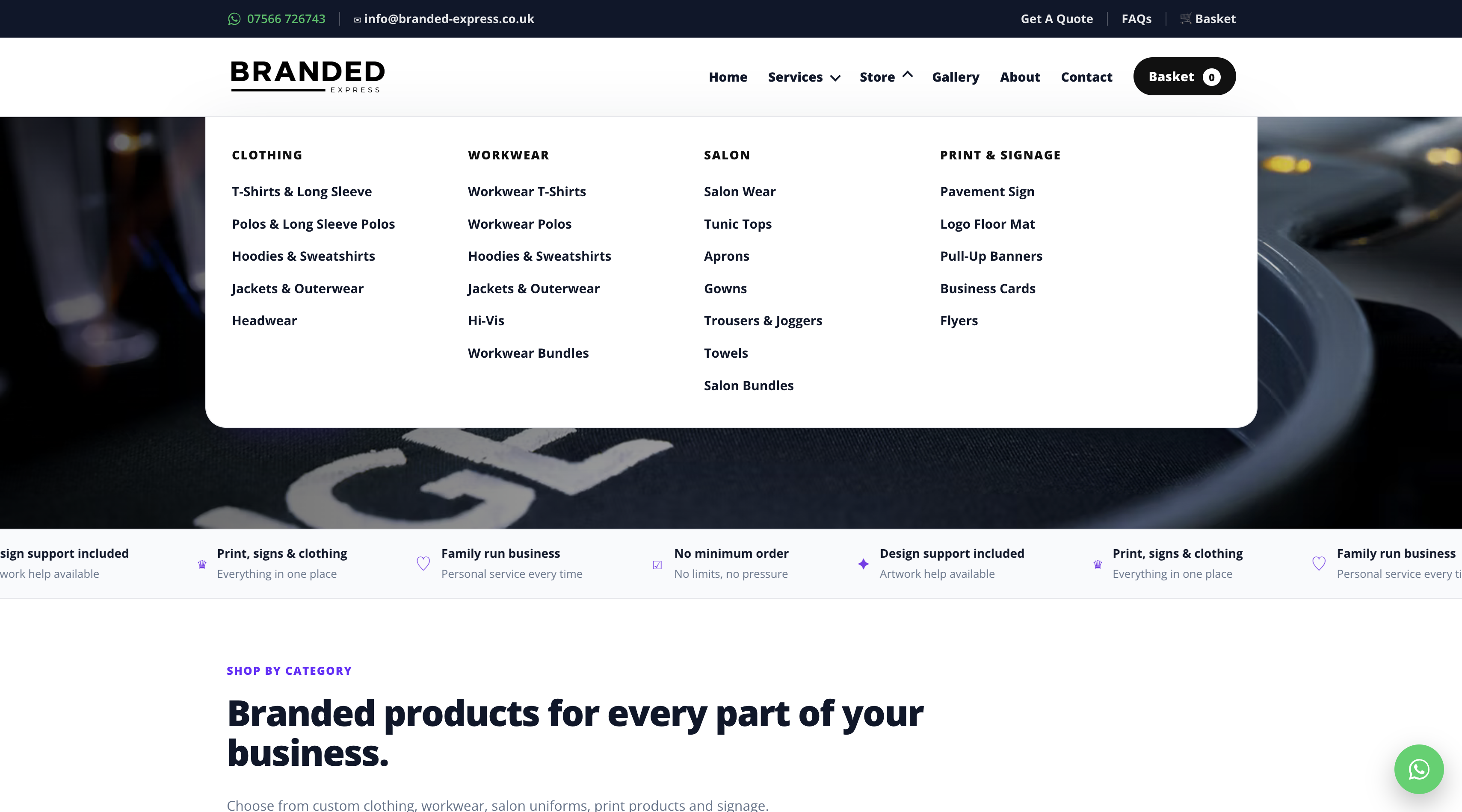 Branded Express homepage showing bespoke WooCommerce website design