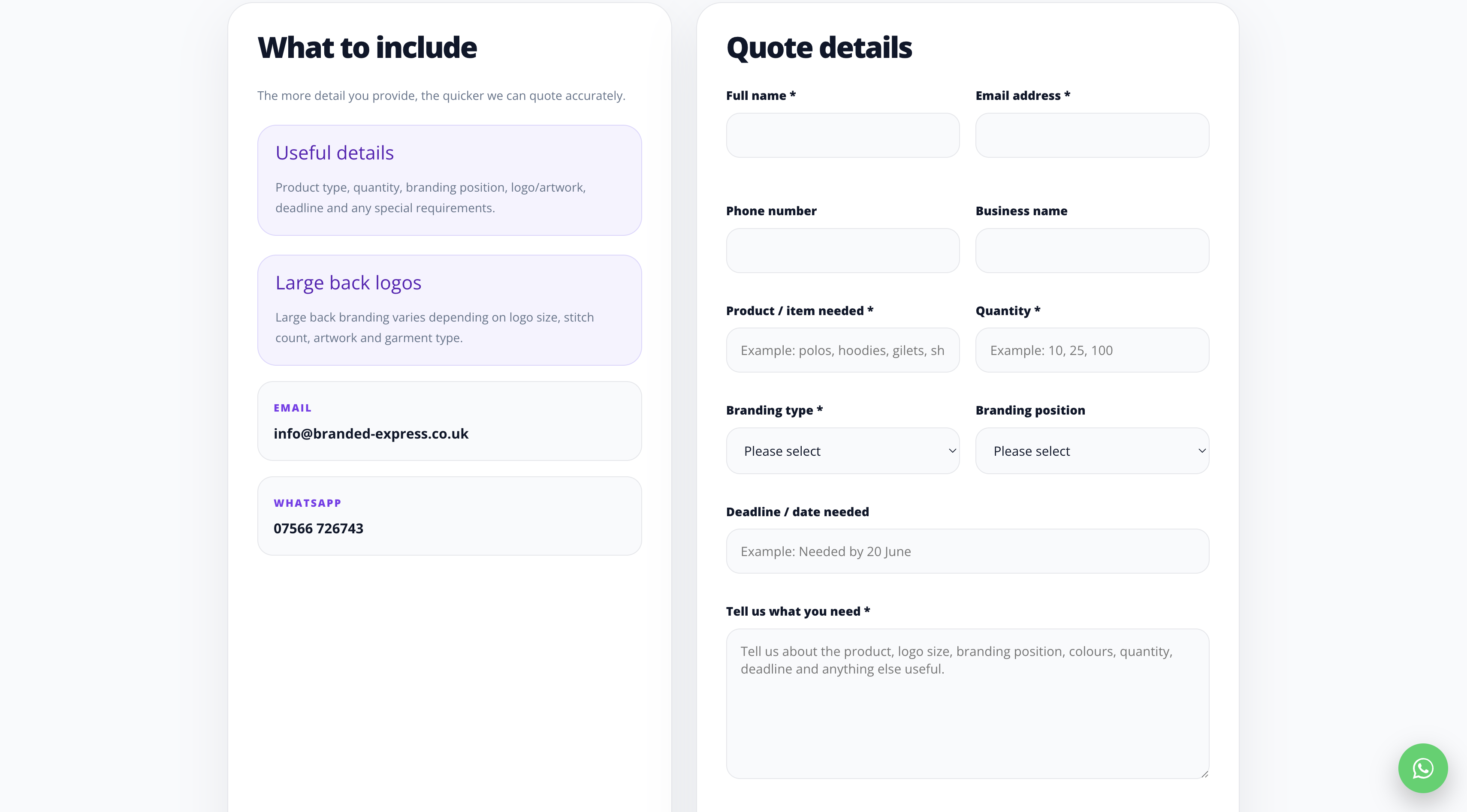 Branded Express quote page for custom branding and product enquiries