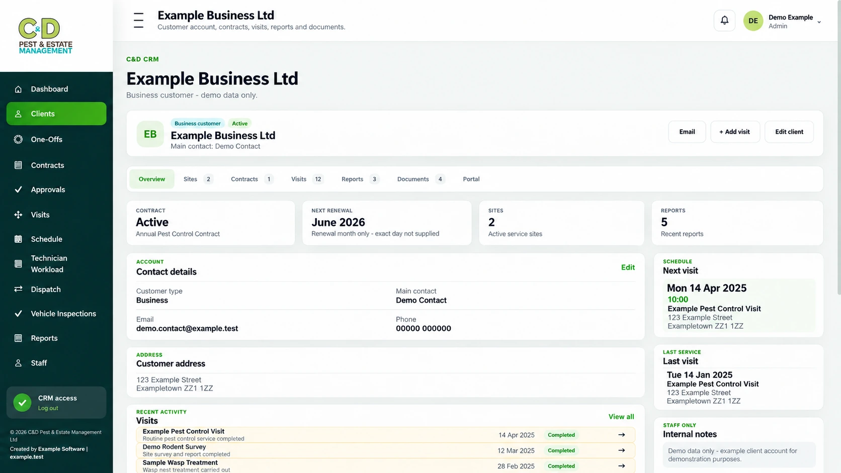 C&D Pest & Estate Management client account screen