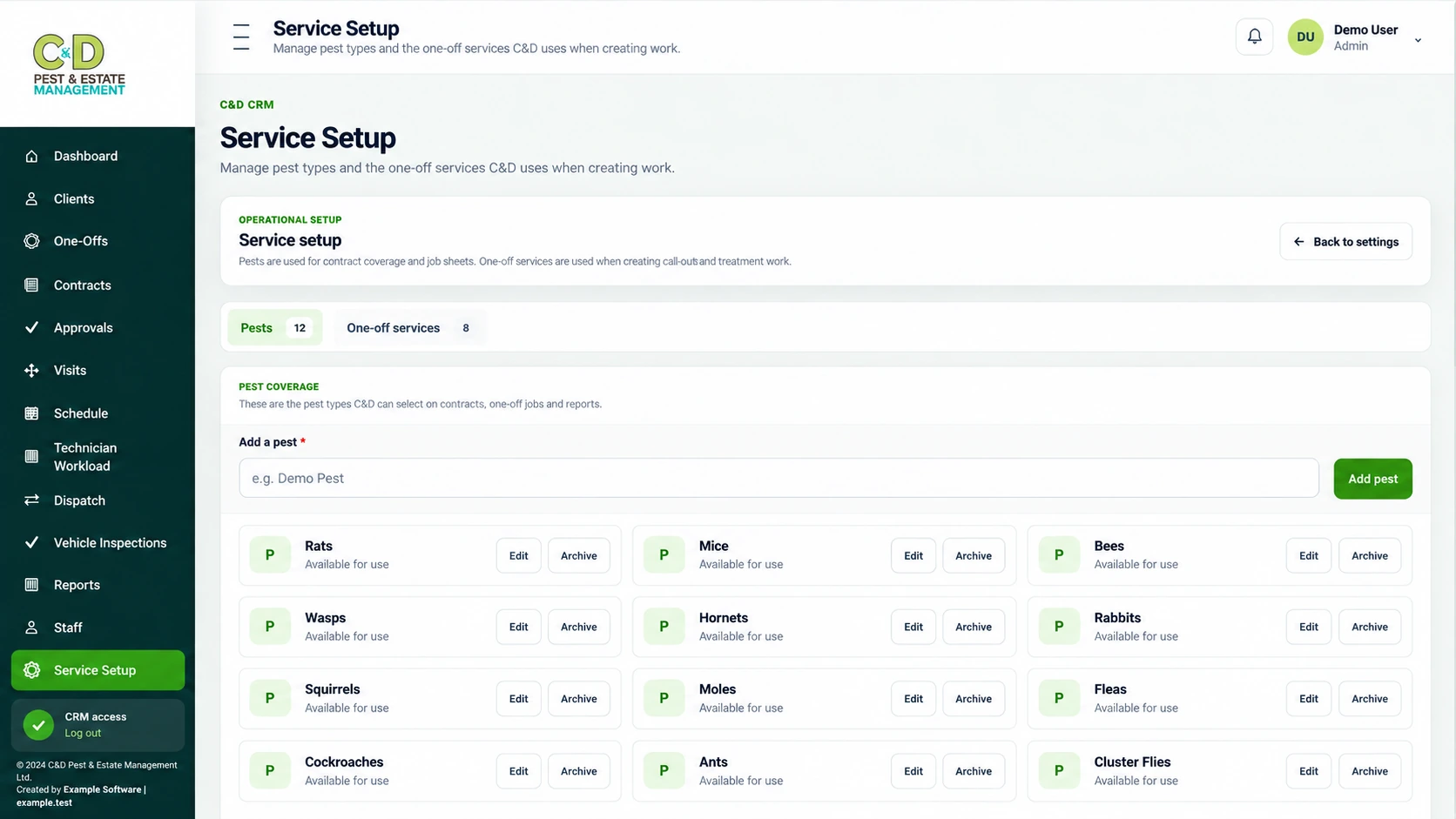 C&D Pest & Estate Management service setup screen