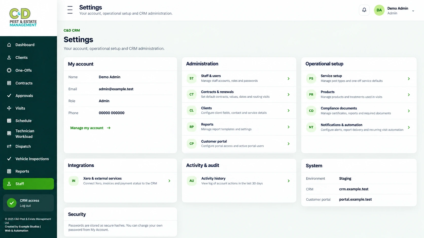 C&D Pest & Estate Management settings screen