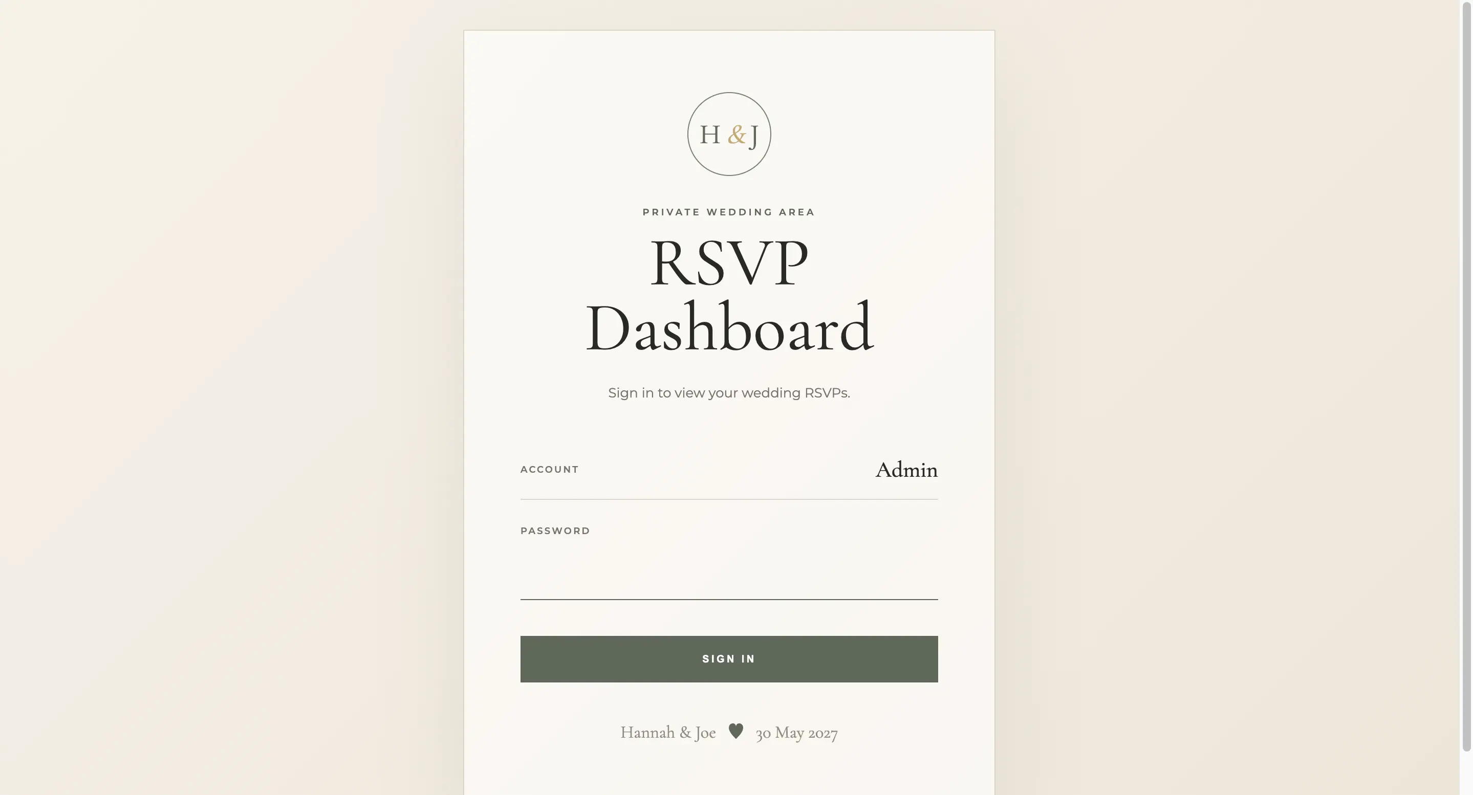 Hannah and Joe private wedding guest management login screen