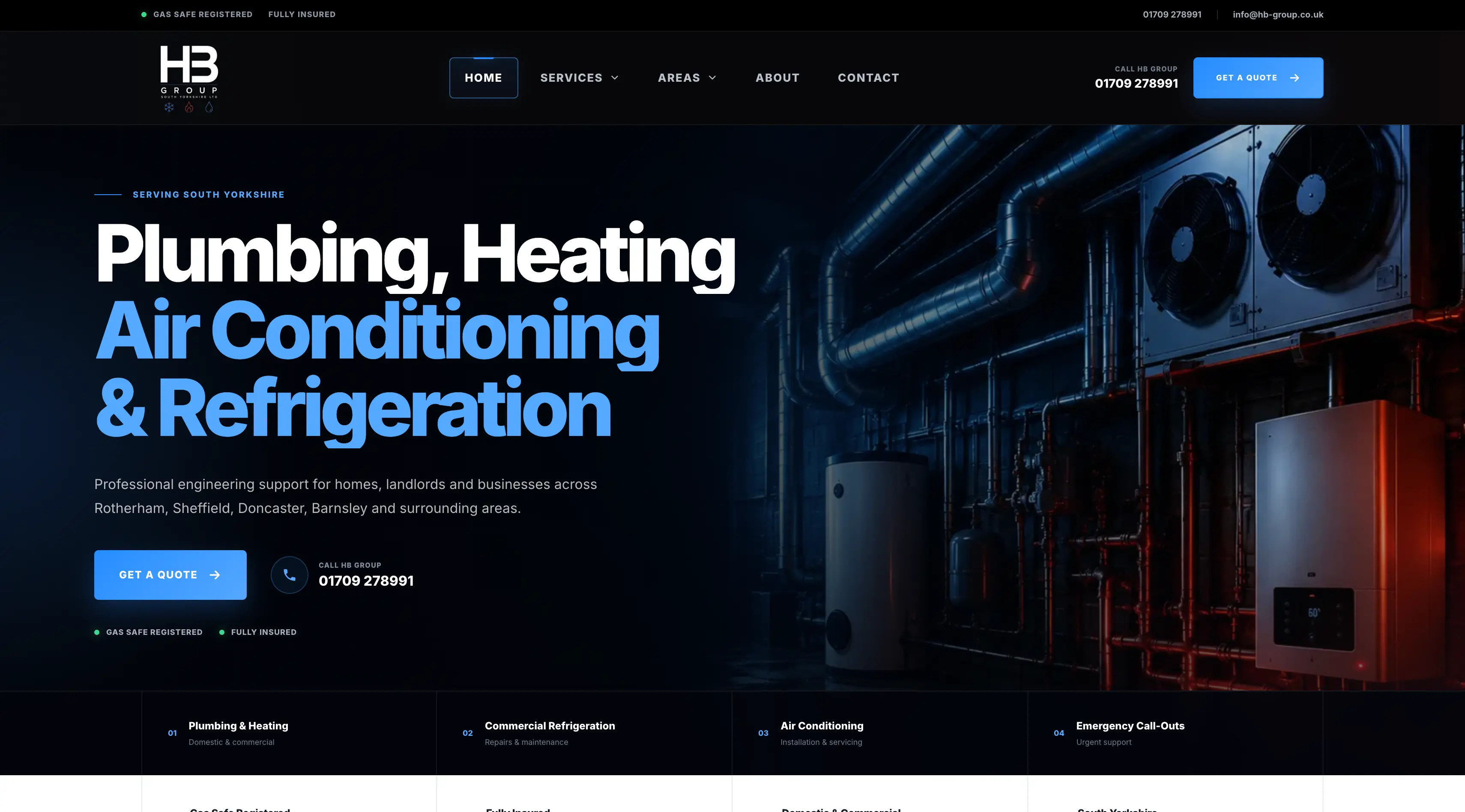 HB Group bespoke plumbing, heating and air conditioning website homepage