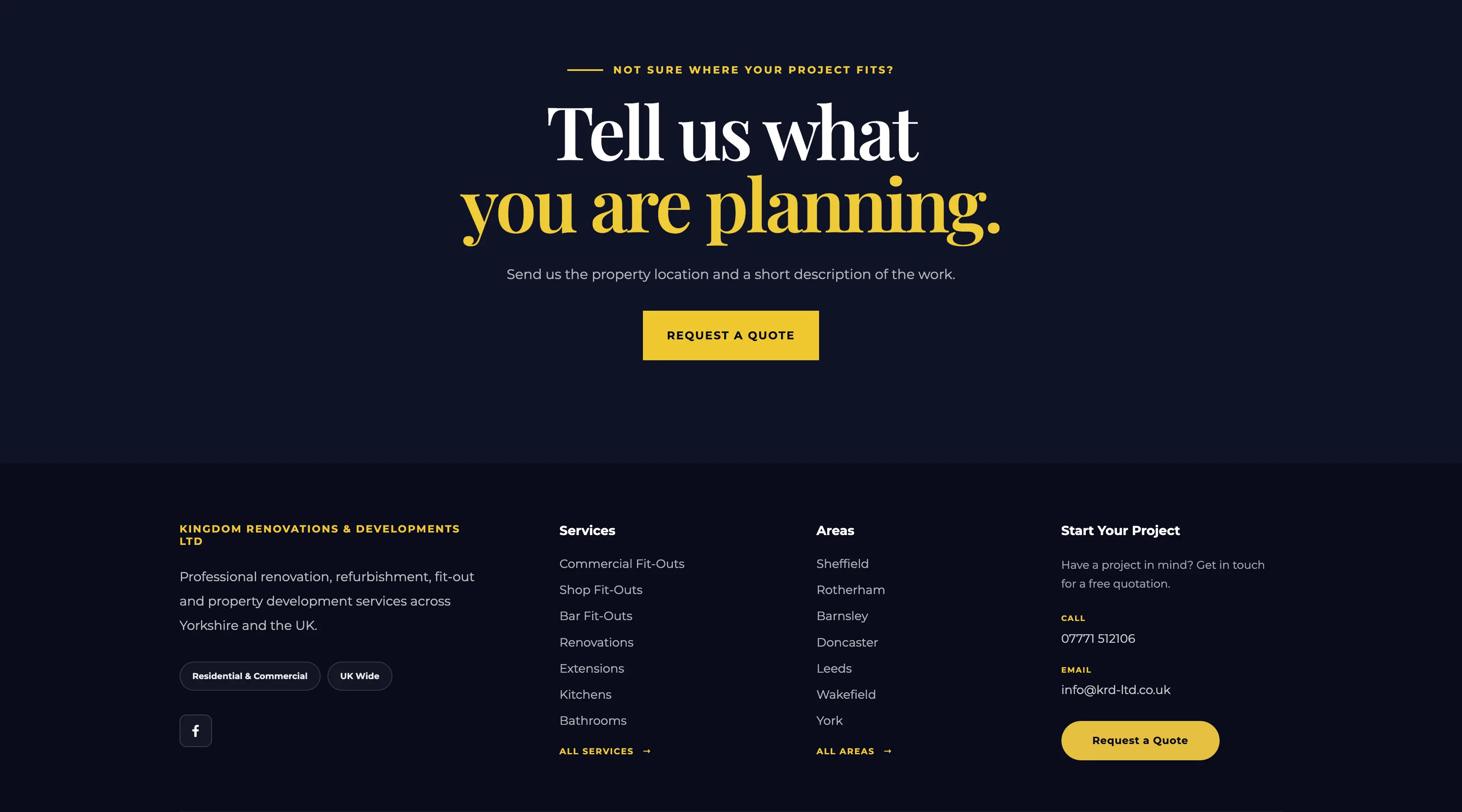 KRD website footer with contact details, services and navigation links