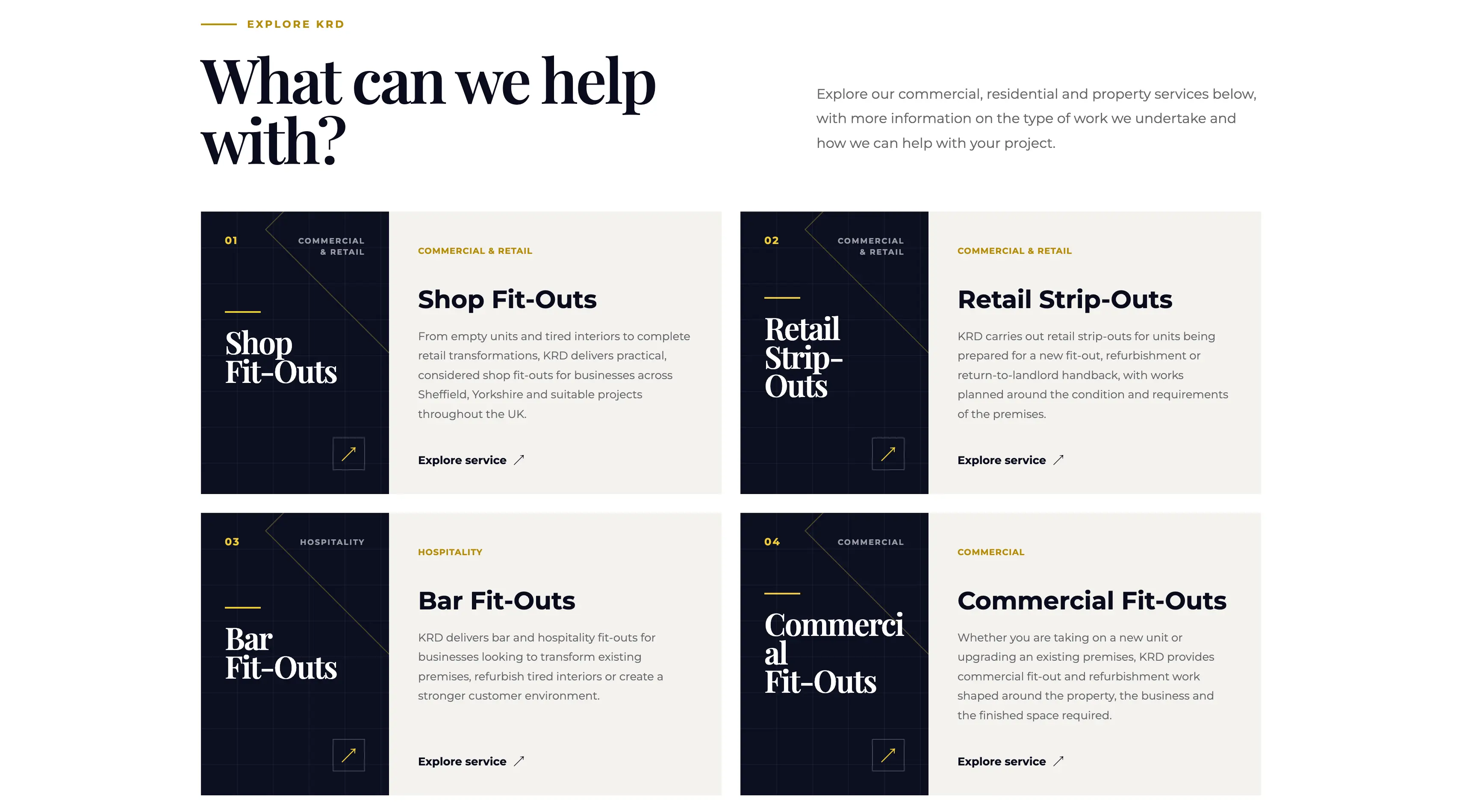 KRD services page covering retail fit-outs, commercial projects, renovations, kitchens and tiling