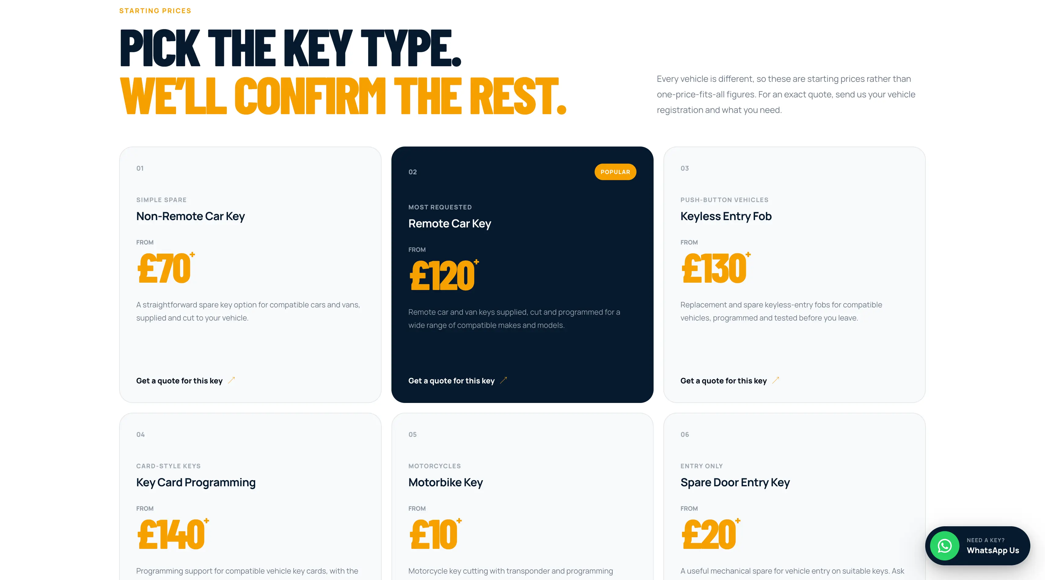 Mr Keys Ltd vehicle key pricing page