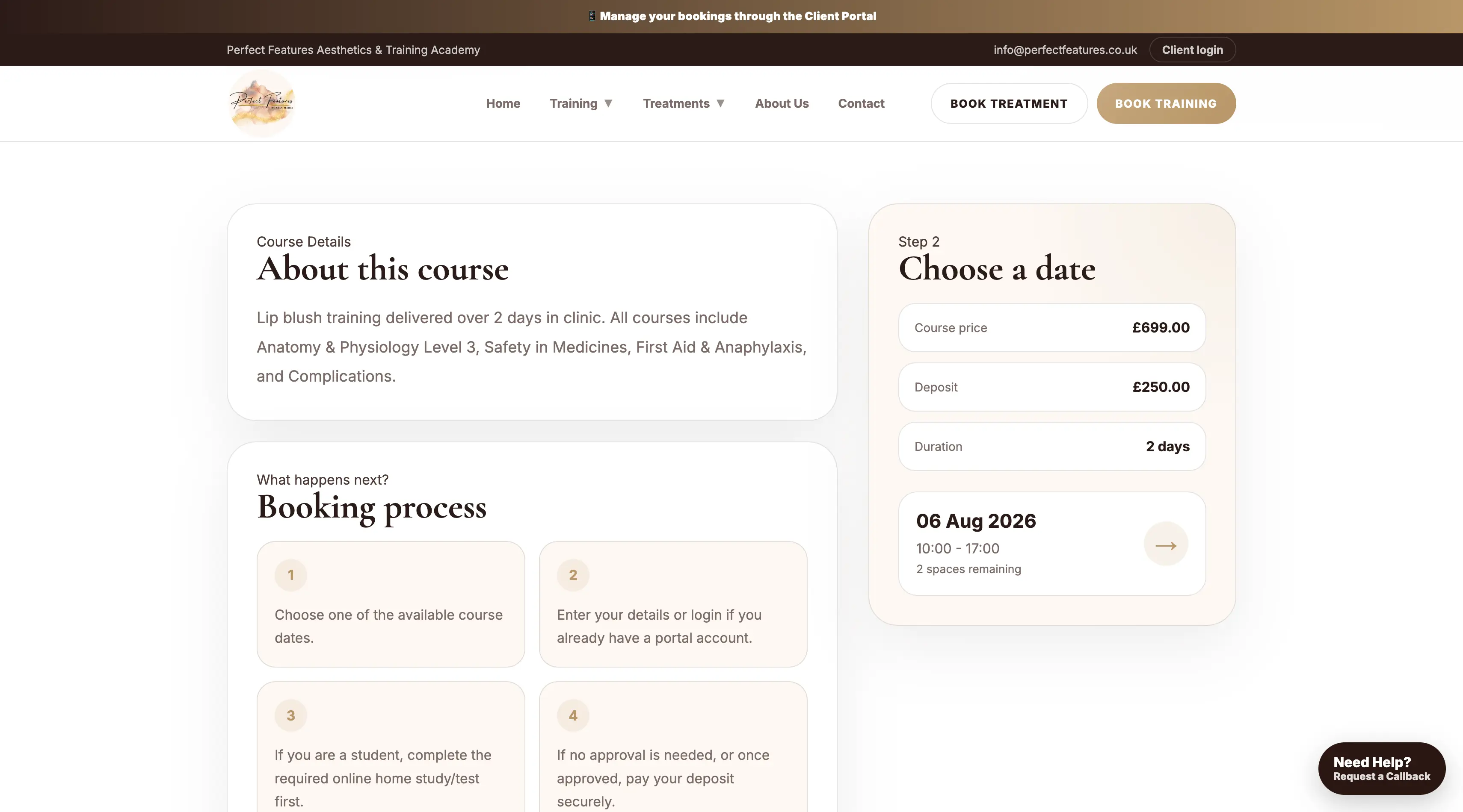 Perfect Features by Sian online training course booking journey