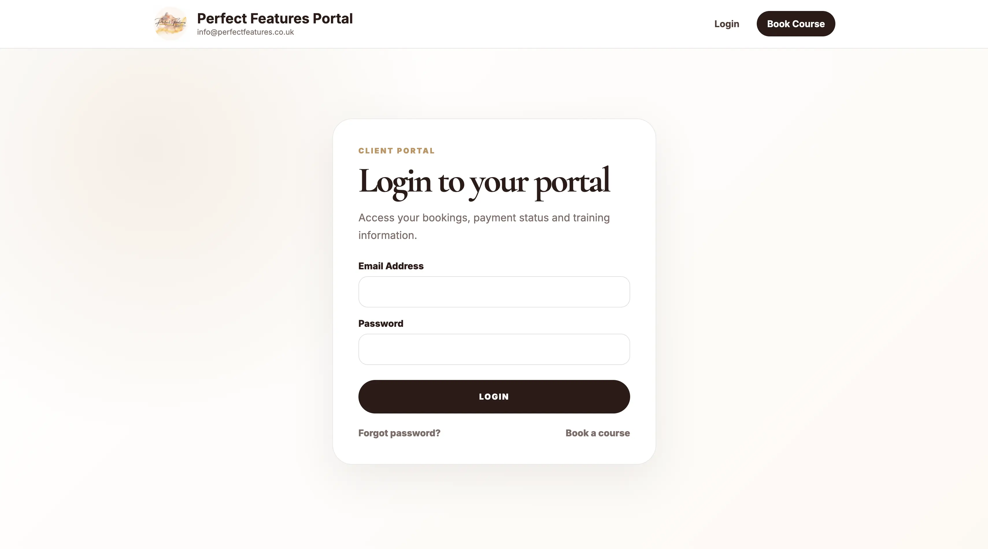 Perfect Features by Sian customer portal login screen