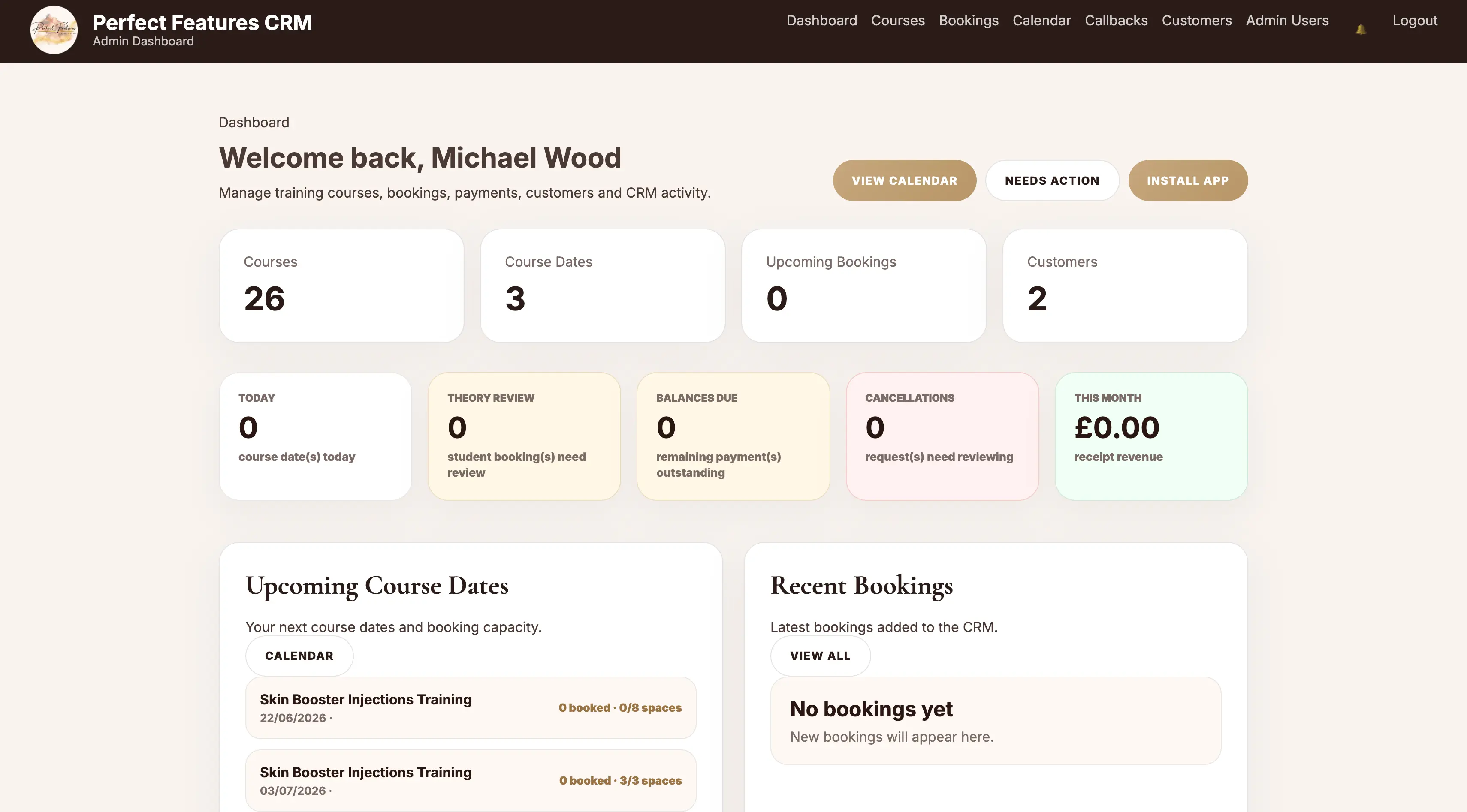 Perfect Features by Sian CRM dashboard with bookings, notifications and business management tools