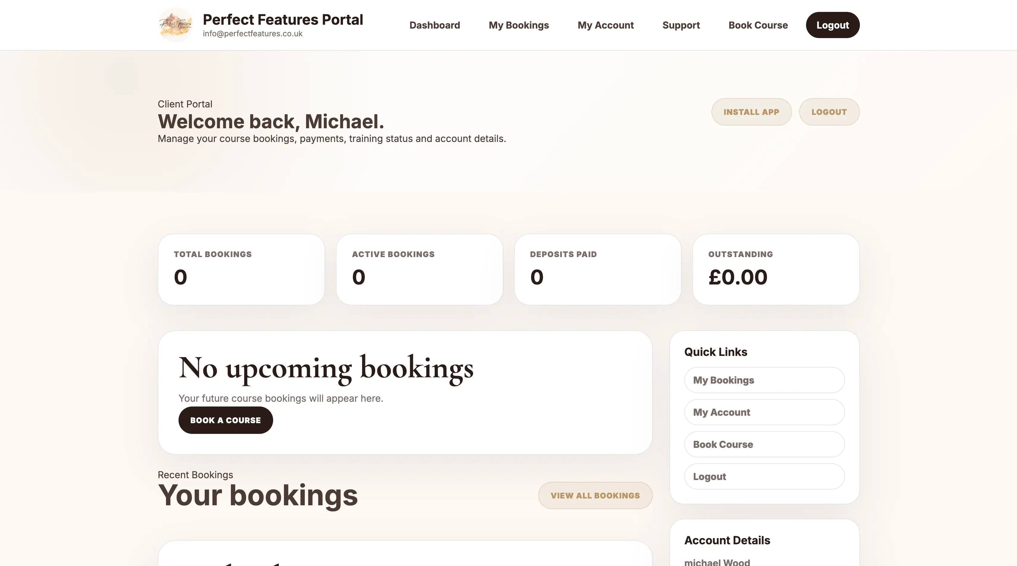 Perfect Features by Sian learner portal dashboard showing bookings and training progress