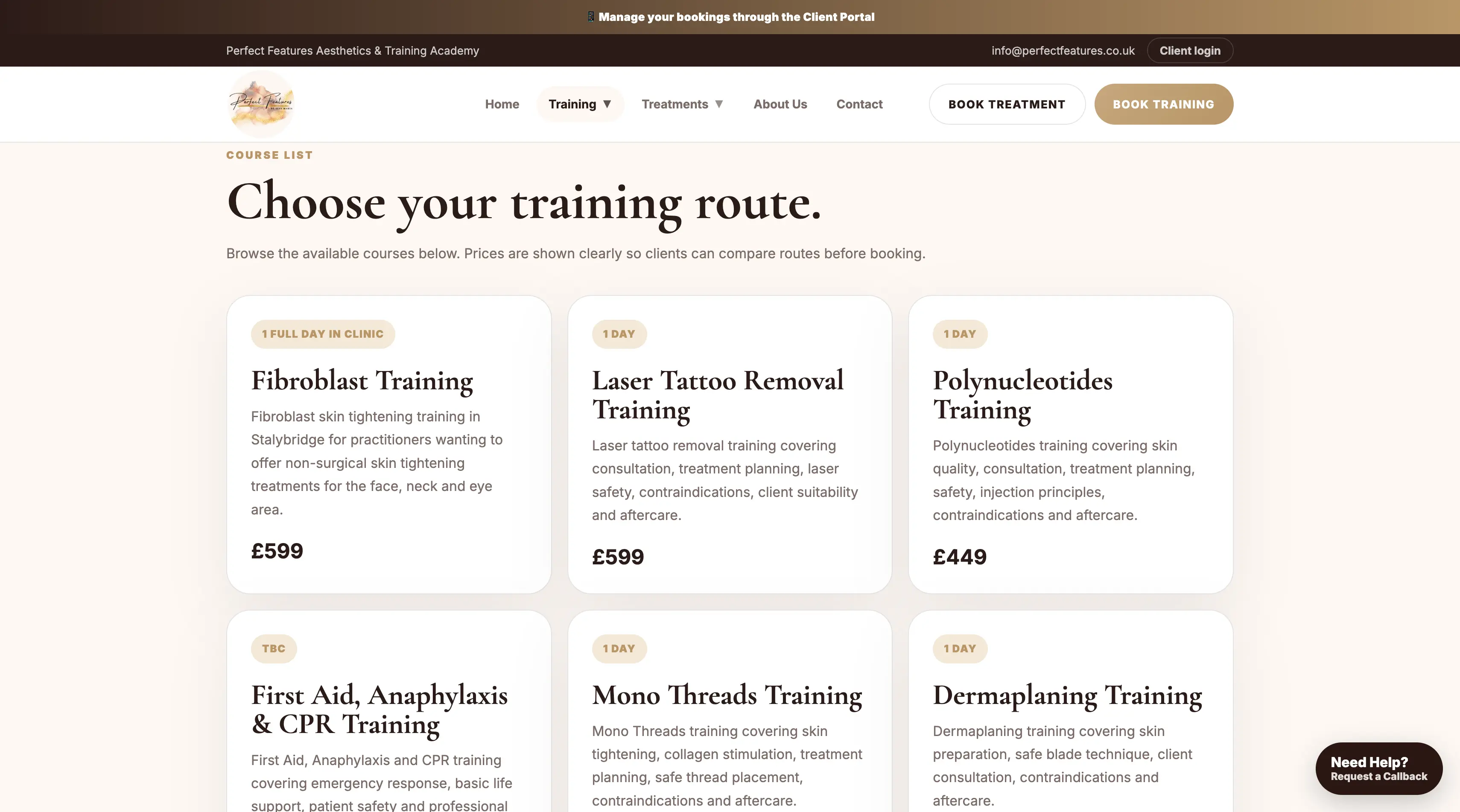 Perfect Features by Sian professional aesthetics training courses page
