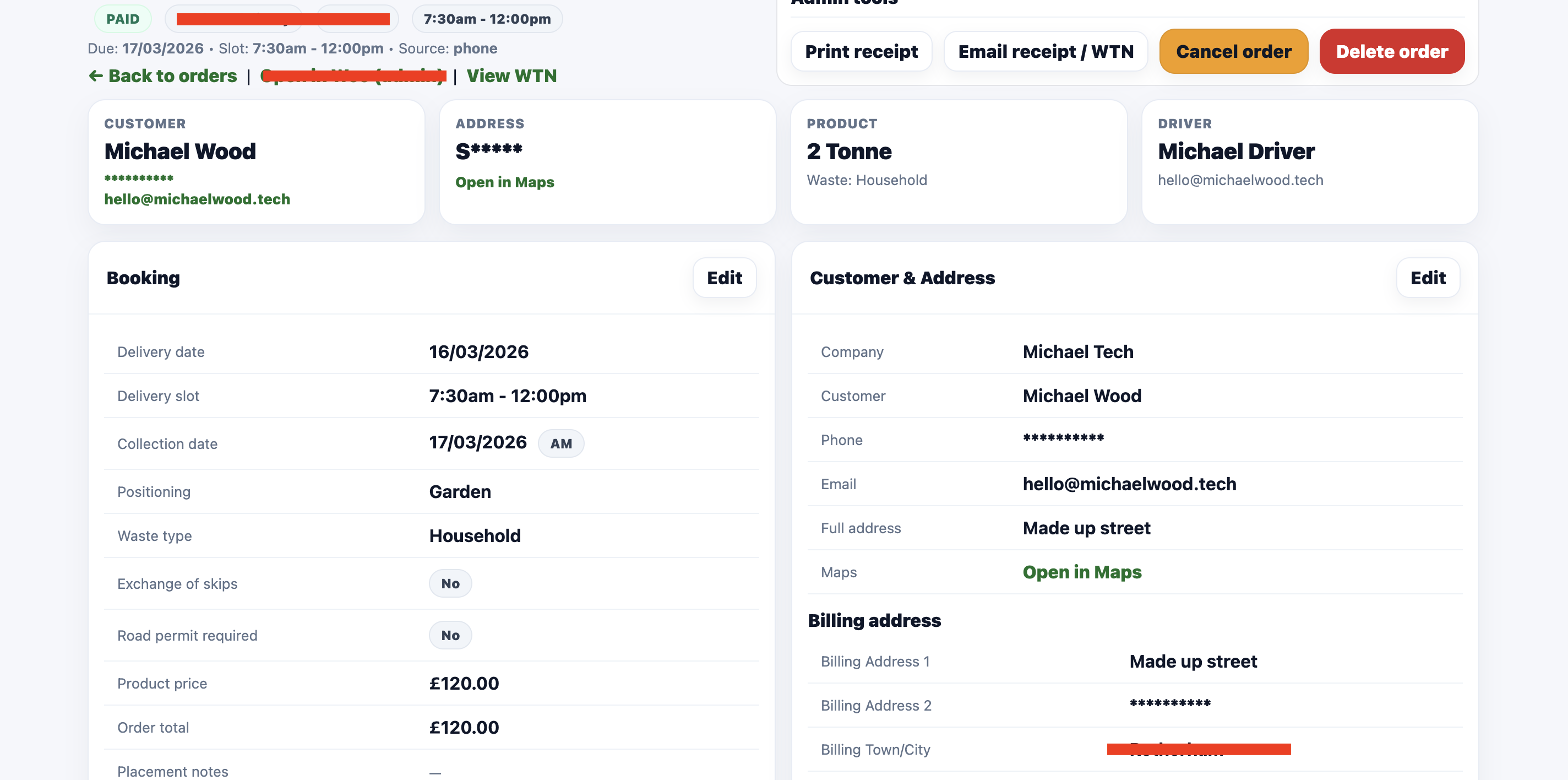 Rapid Skips website order detail screen showing skip hire booking information