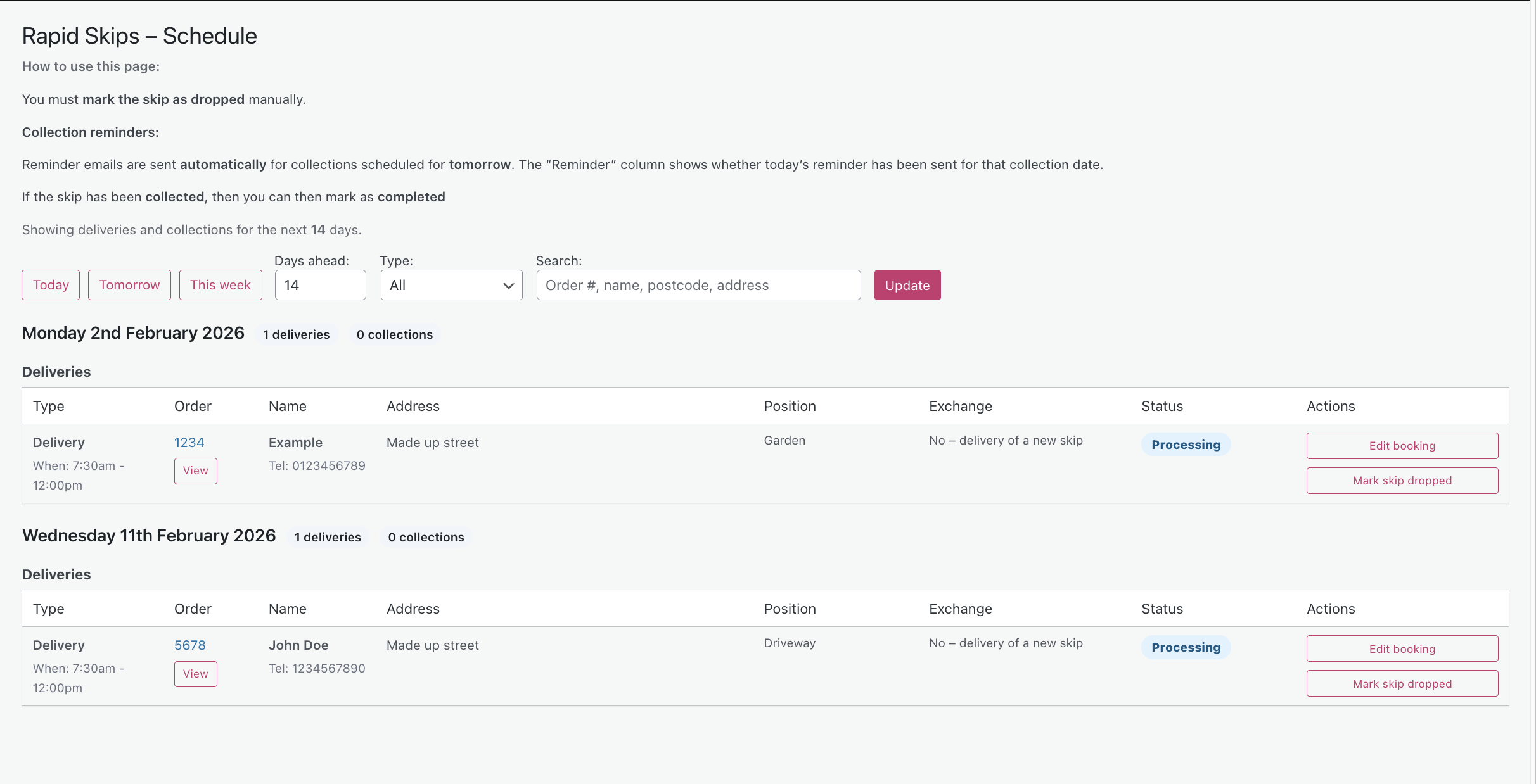Rapid Skips schedule and admin screen