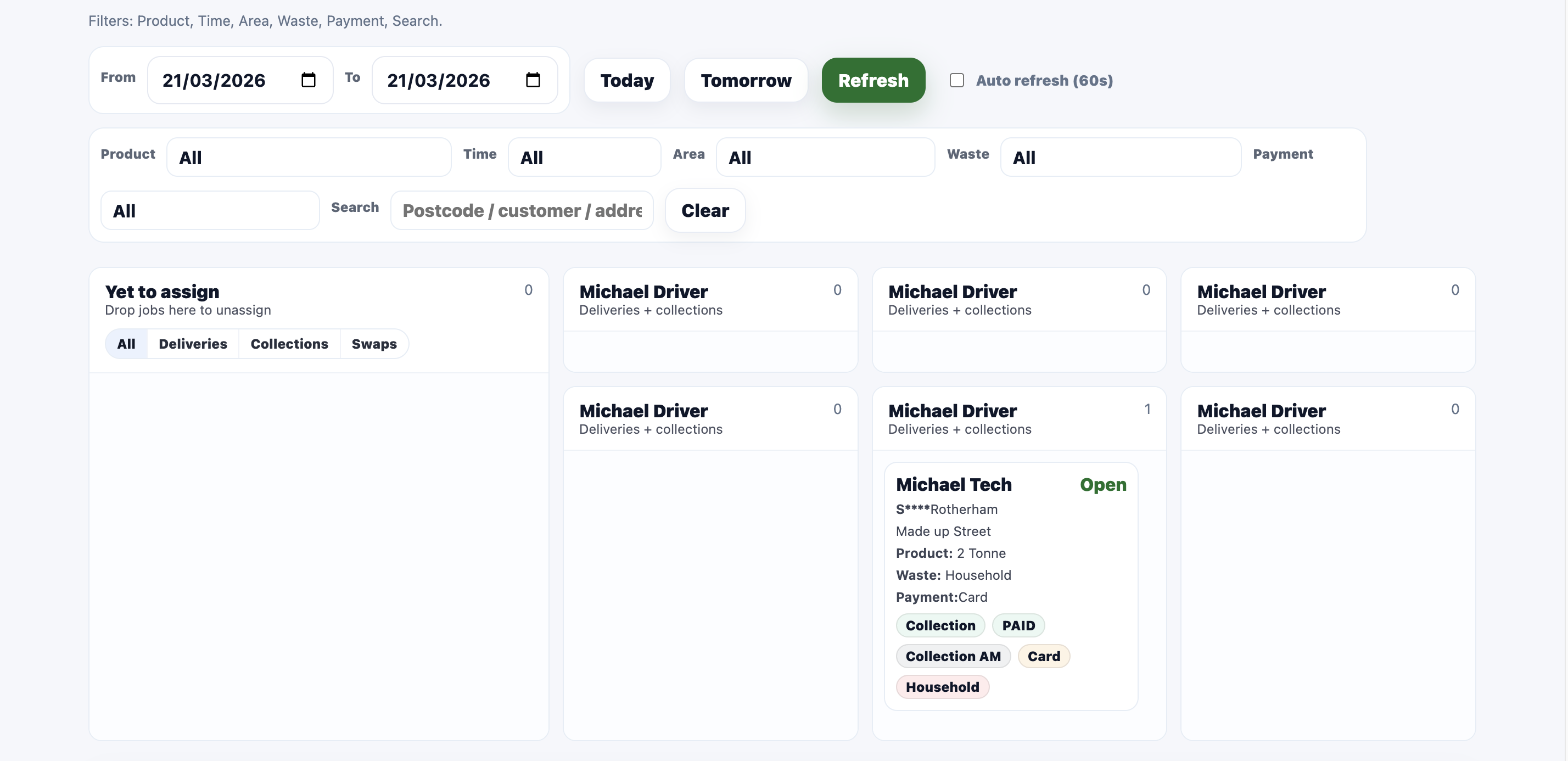 Skip hire dispatch CRM screen for deliveries collections and driver assignments