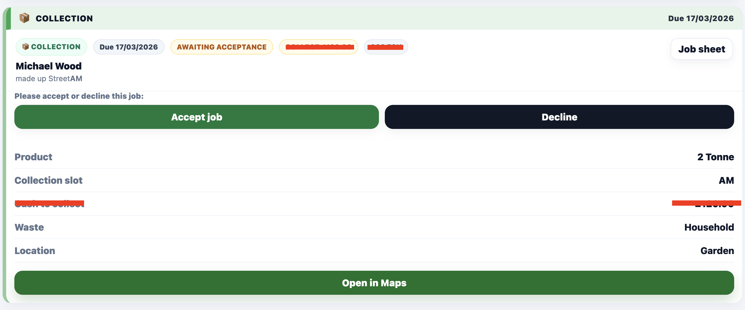 Mobile-friendly skip hire driver view showing assigned jobs