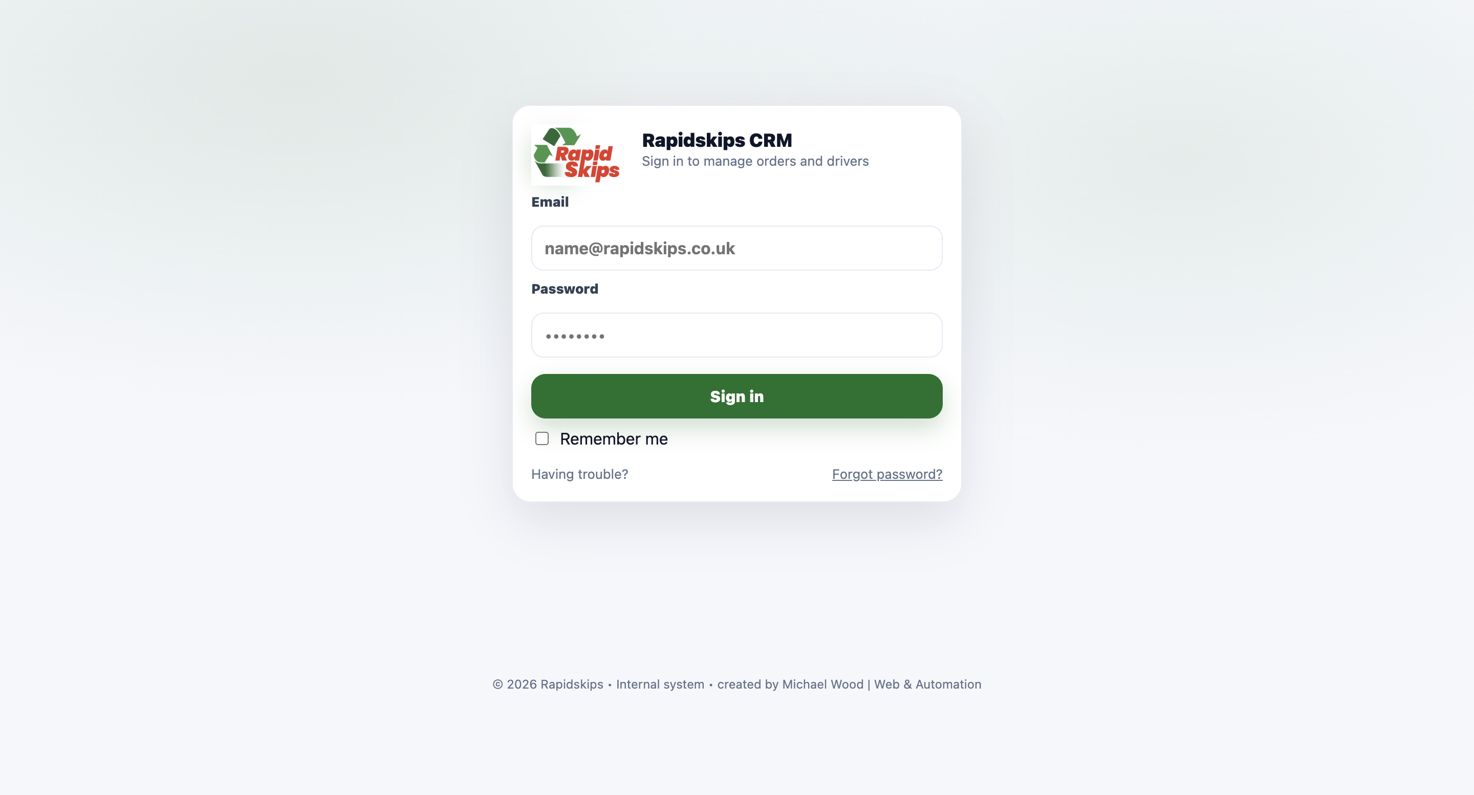 CRM login screen