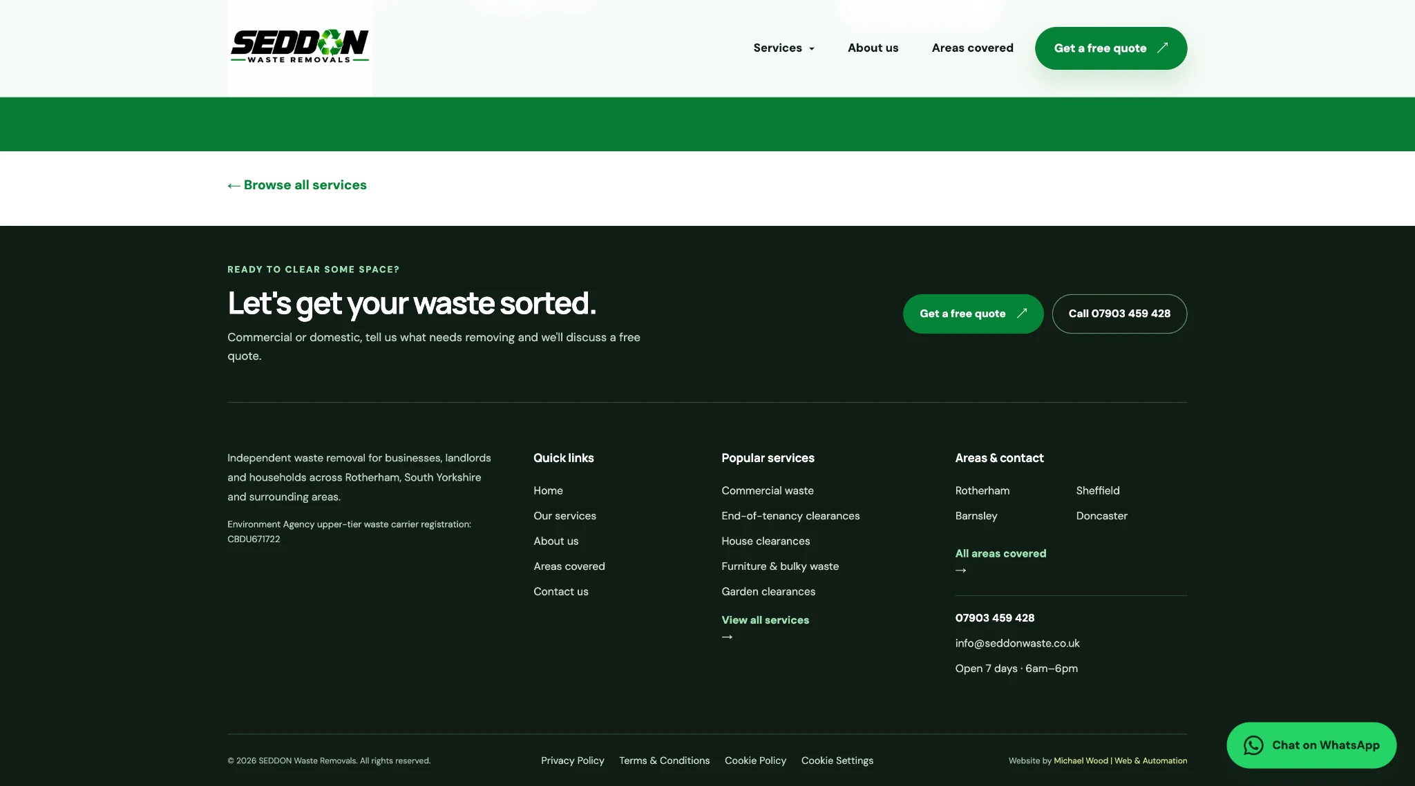 SEDDON Waste Removals footer and contact information section