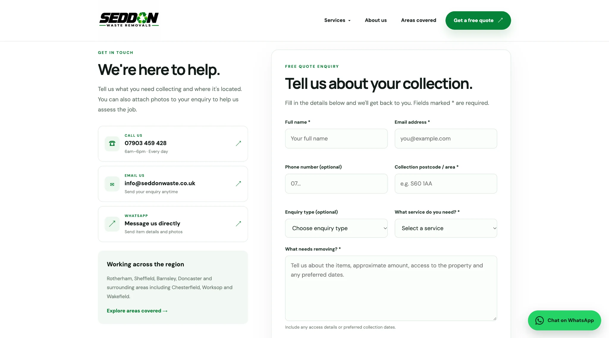 SEDDON Waste Removals get a free quote page