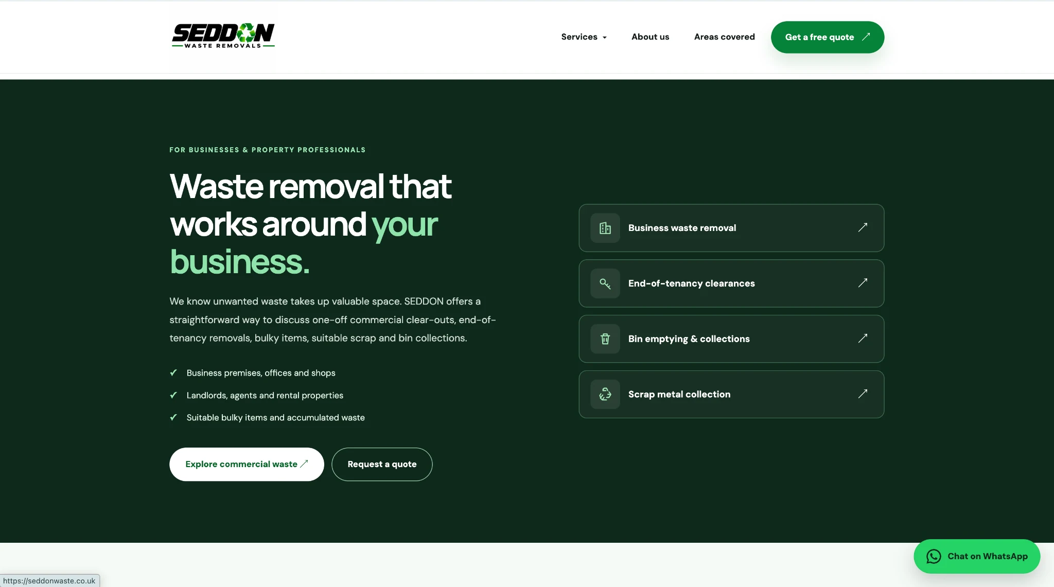 SEDDON Waste Removals homepage commercial waste section