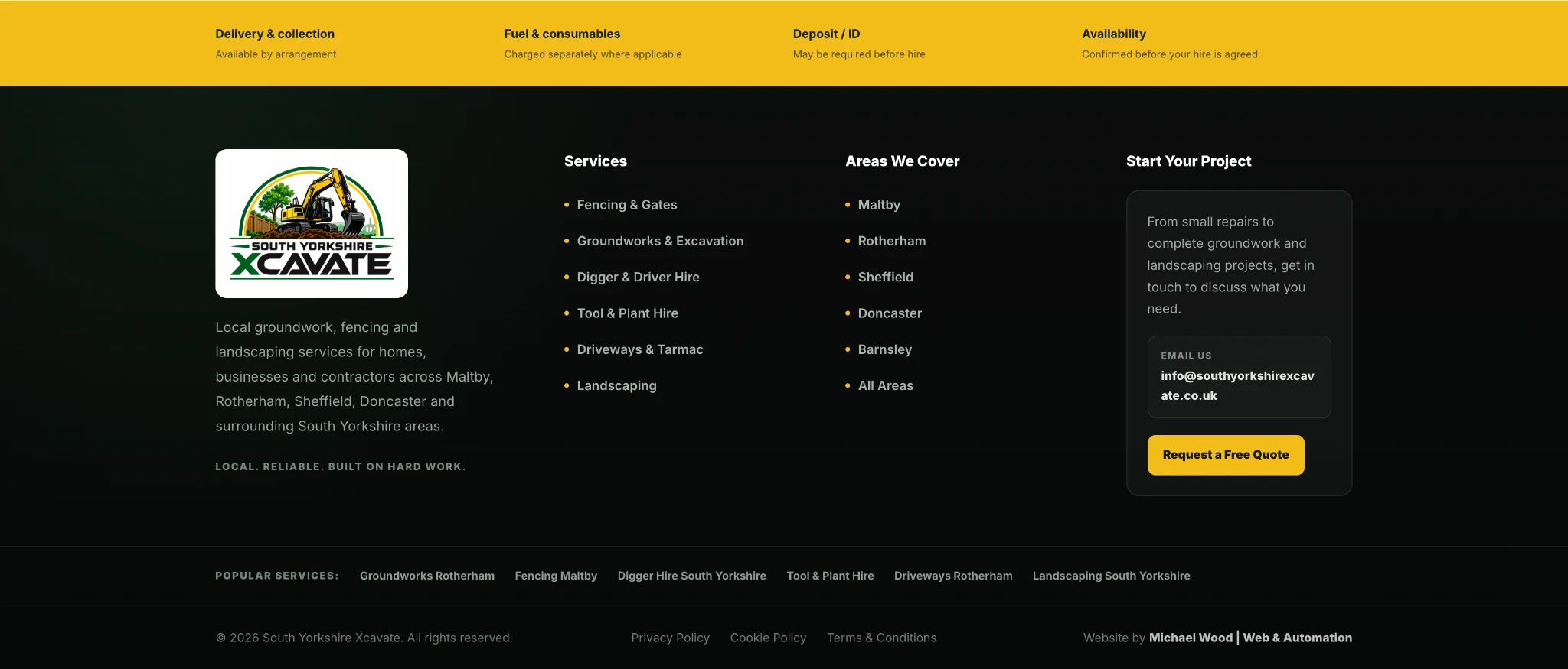 South Yorkshire Xcavate website footer showing services, areas covered and quote contact information