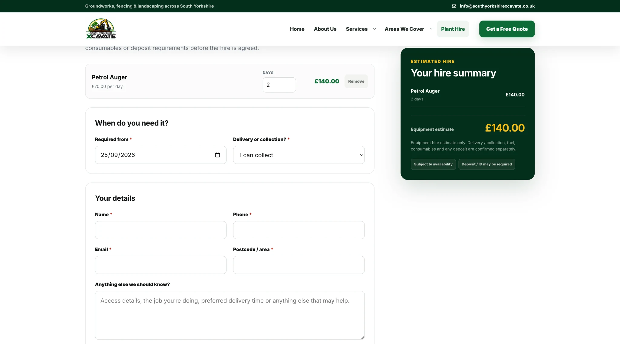 South Yorkshire Xcavate interactive plant hire enquiry form and estimated hire summary