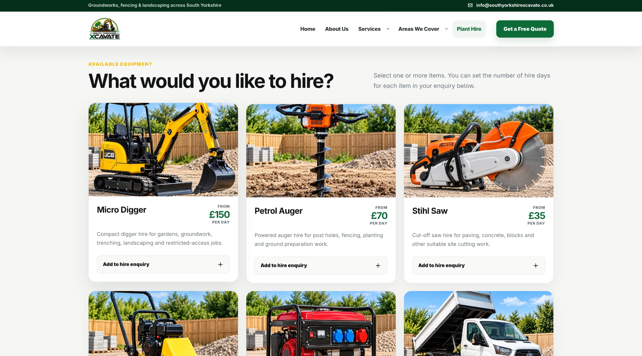 South Yorkshire Xcavate plant and tool hire equipment page
