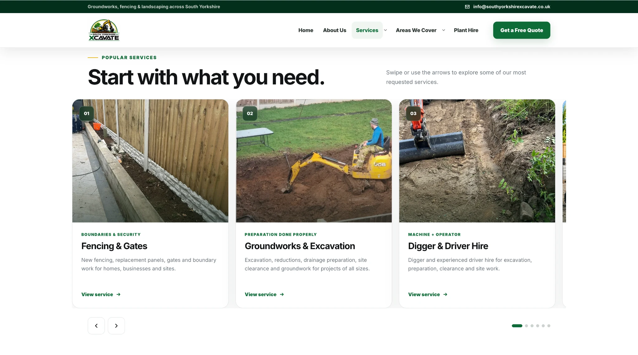 South Yorkshire Xcavate swipeable services section showing fencing, groundworks and digger hire