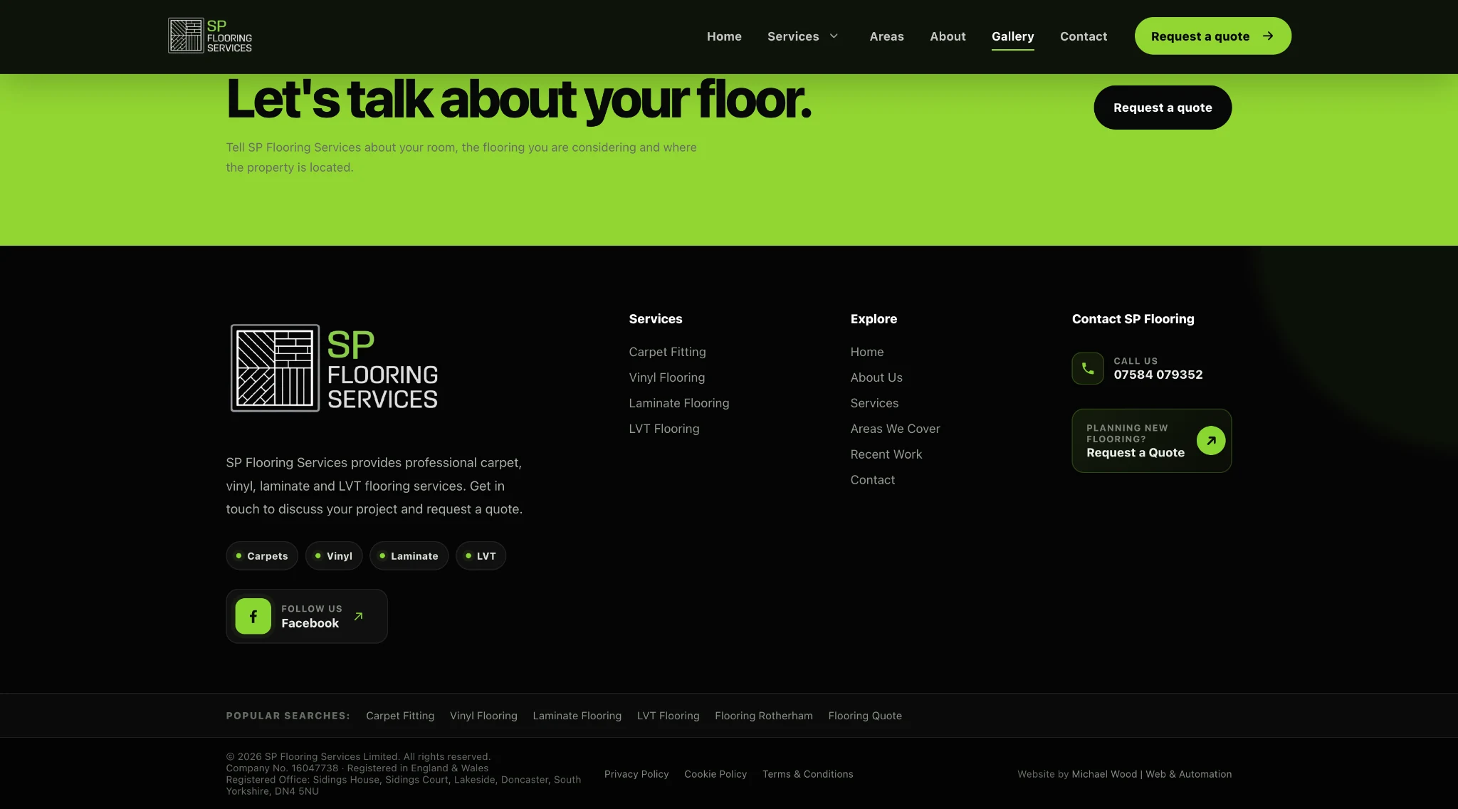 SP Flooring Services website footer with services, contact details and quote call to action