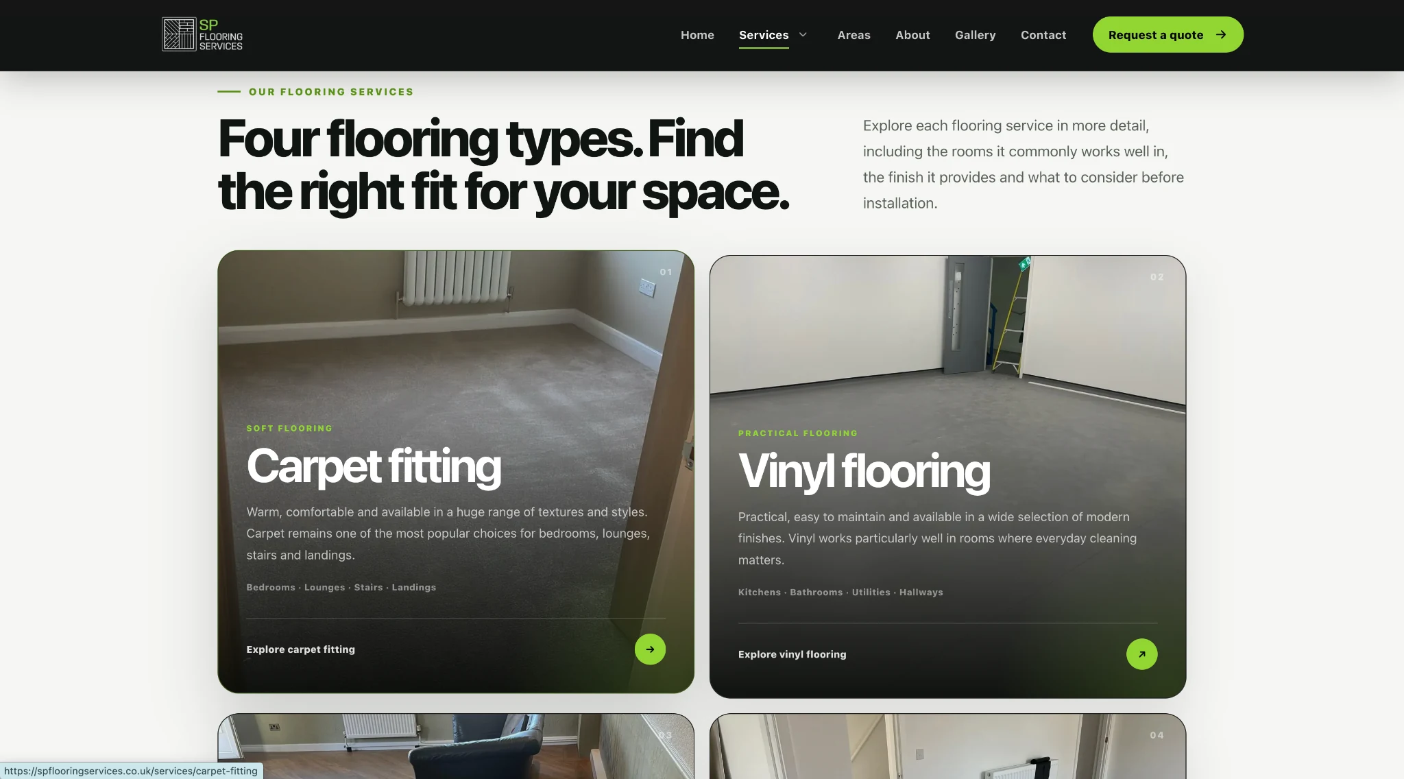 SP Flooring Services page showing carpet, vinyl, laminate and LVT flooring services