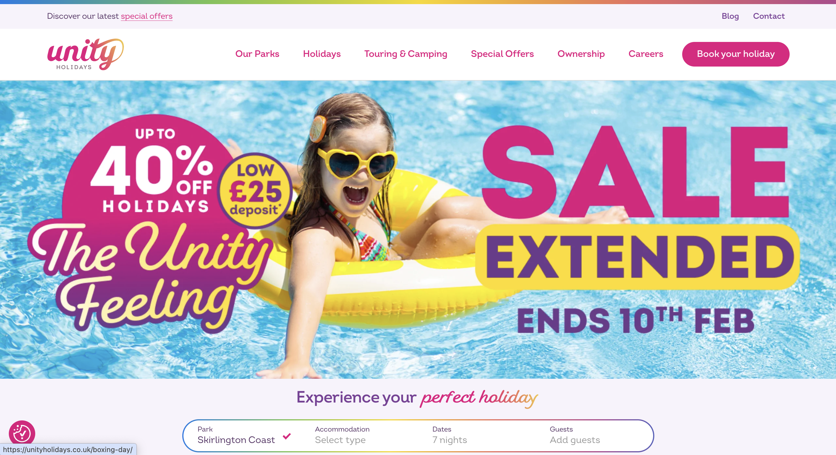 Unity Holidays homepage screenshot