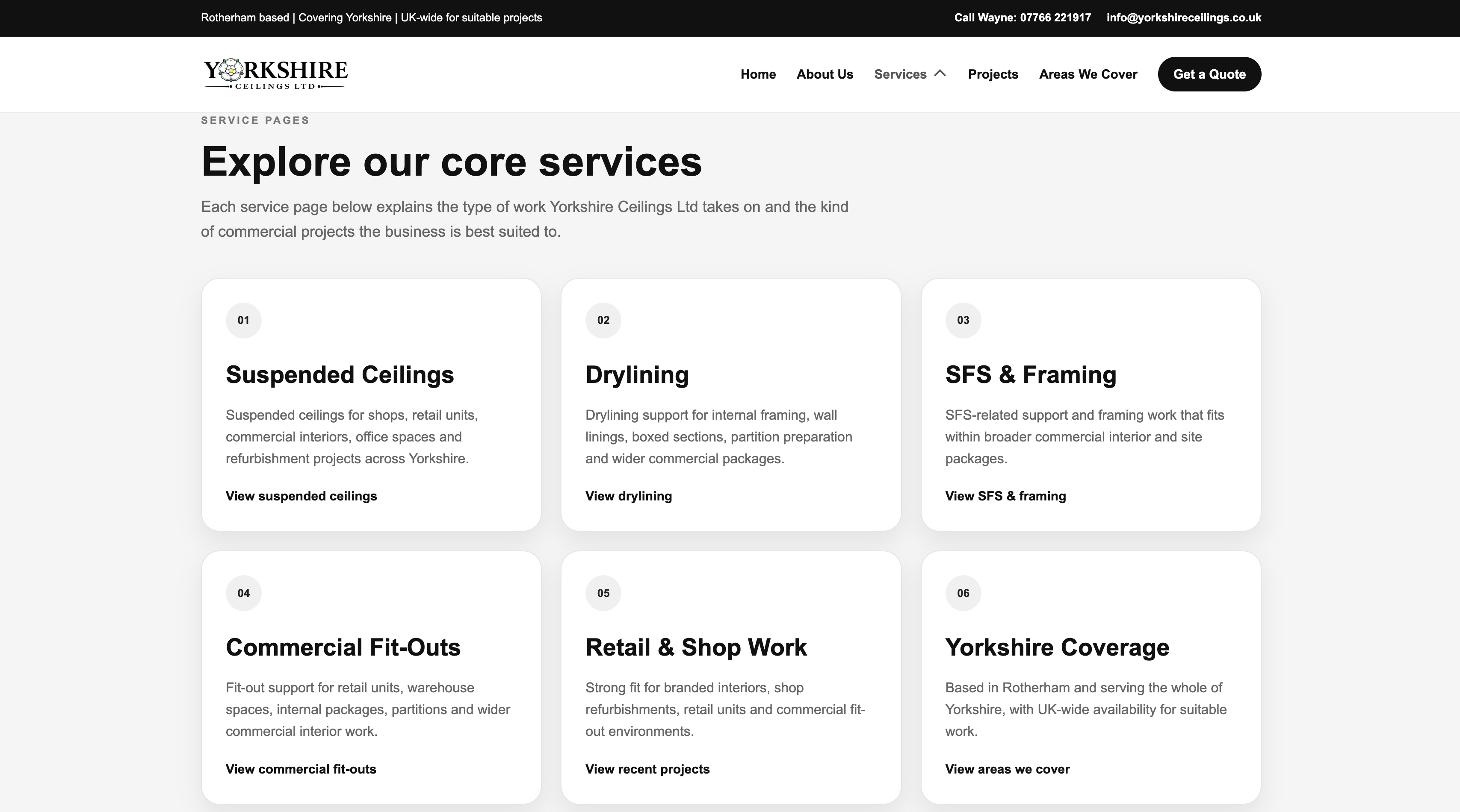 Yorkshire Ceilings services and call to action section