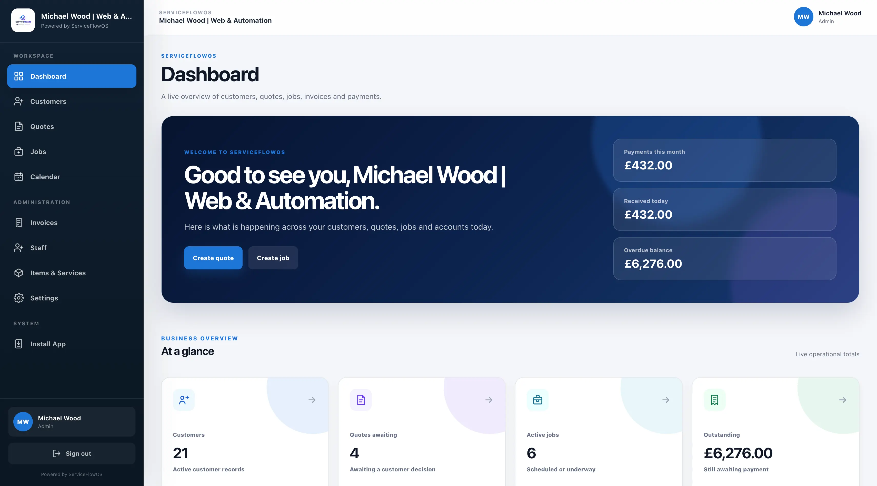 ServiceFlowOS CRM dashboard